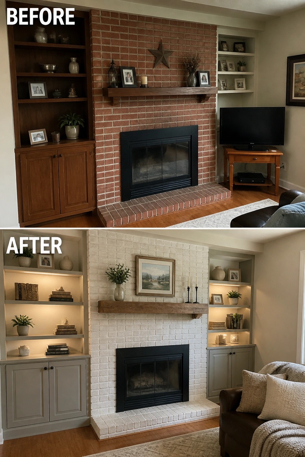 Before-and-after image of a red brick fireplace updated with white limewash, painted built-ins, and new mantel styling.