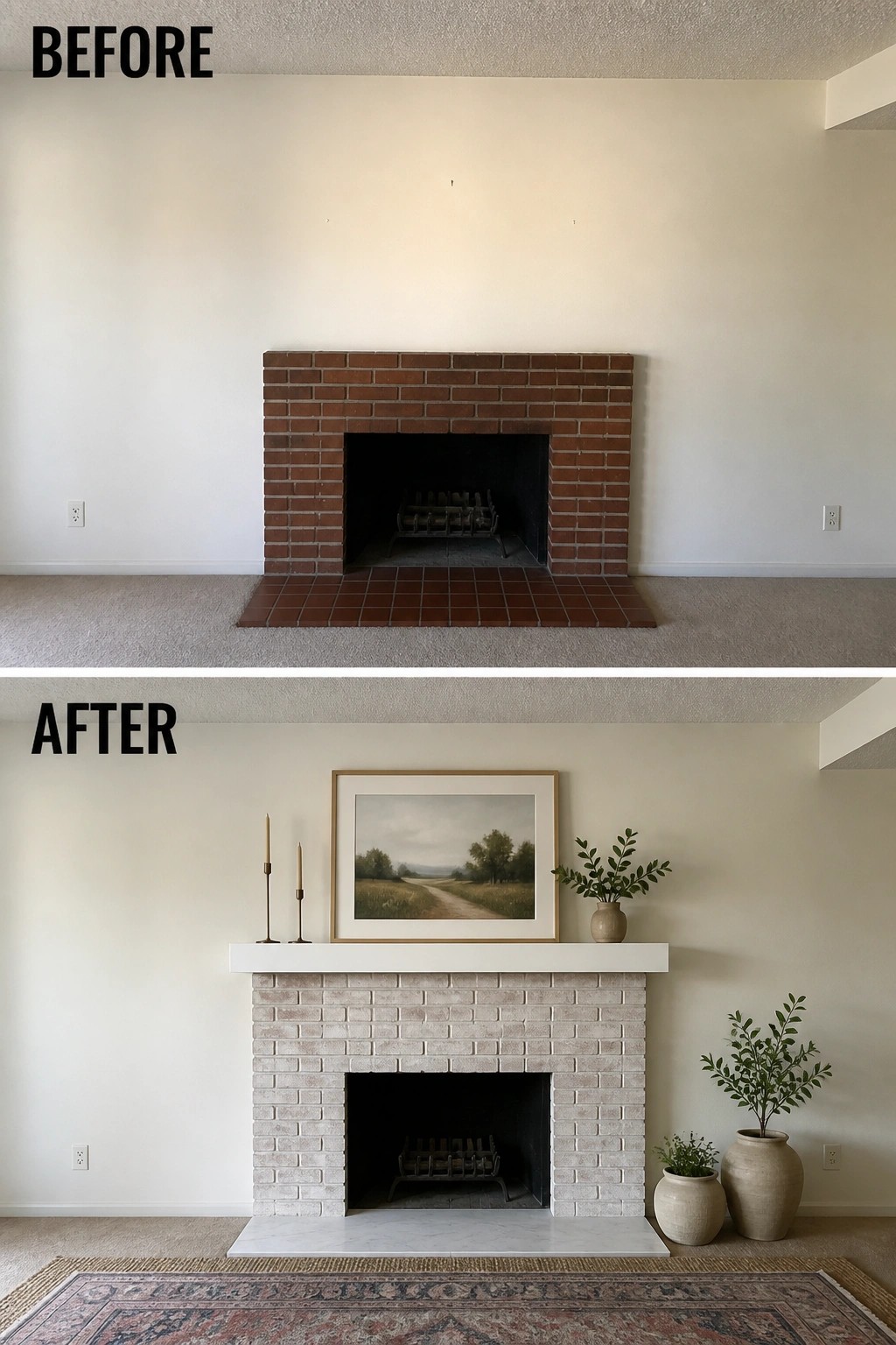 Before and after of red brick fireplace painted white with mantel, art, and plants