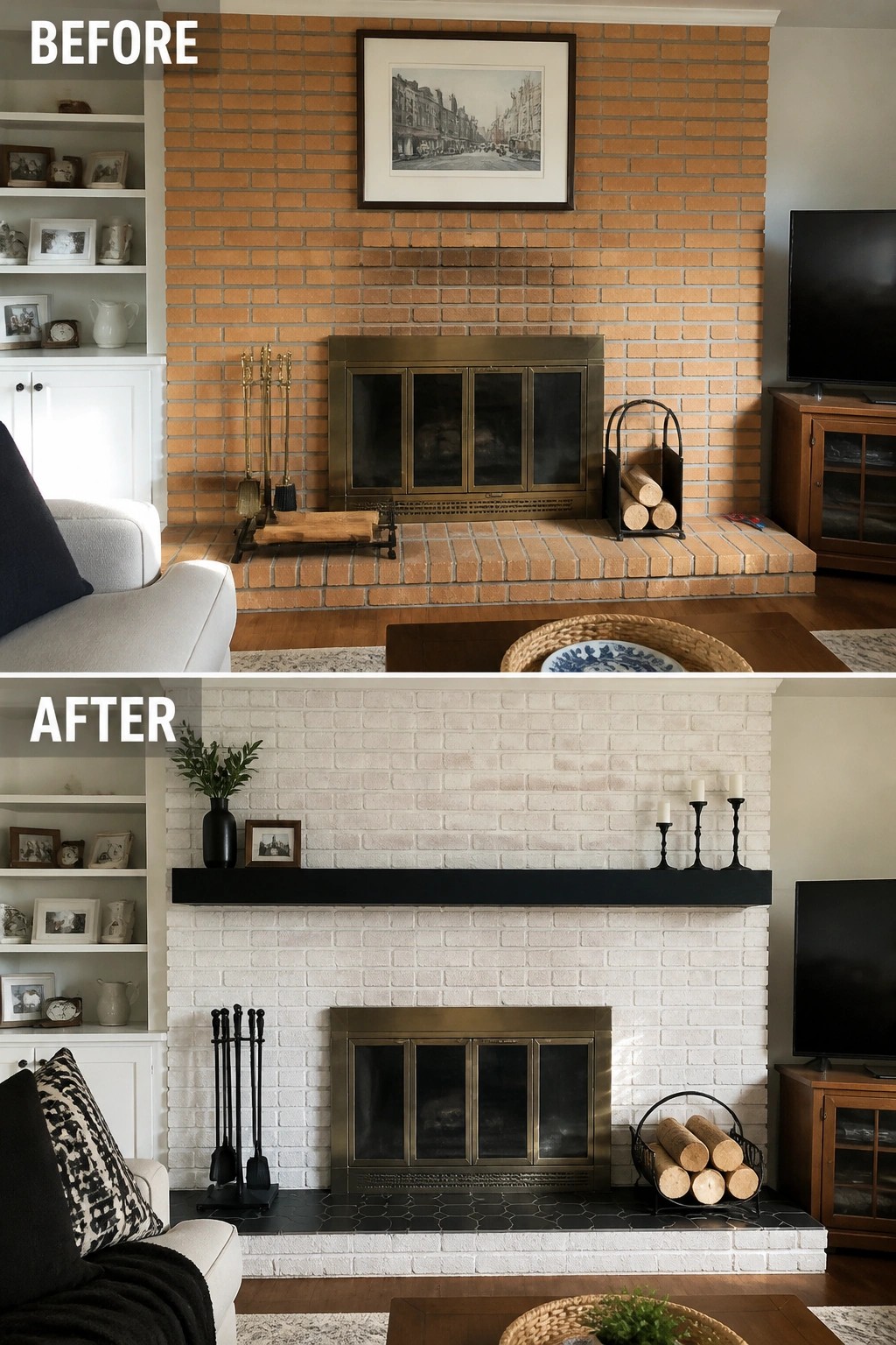 Before and after of brick fireplace painted white with black mantel and hearth tiles