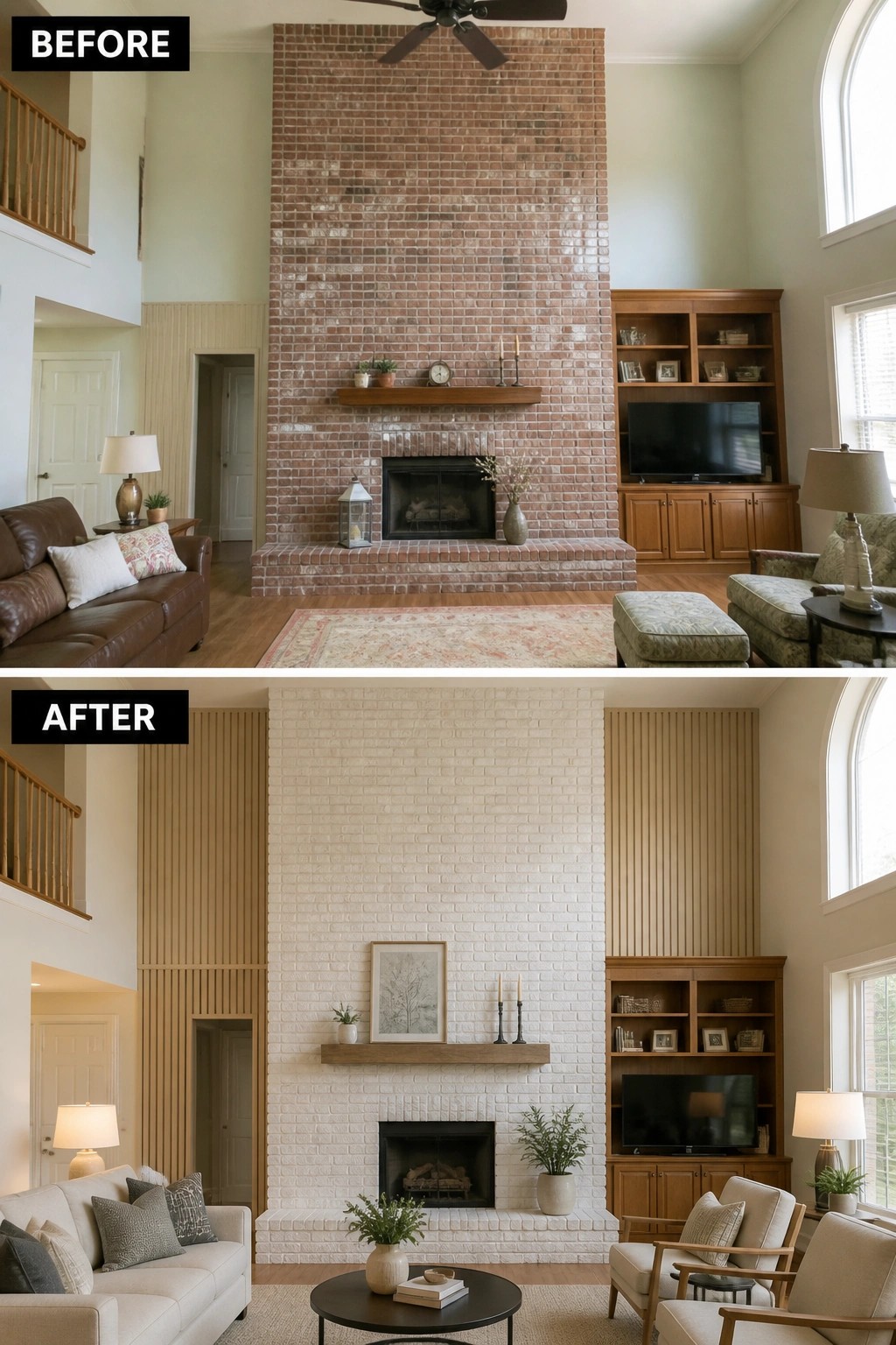 Before and after of living room with painted white brick fireplace and modern furniture