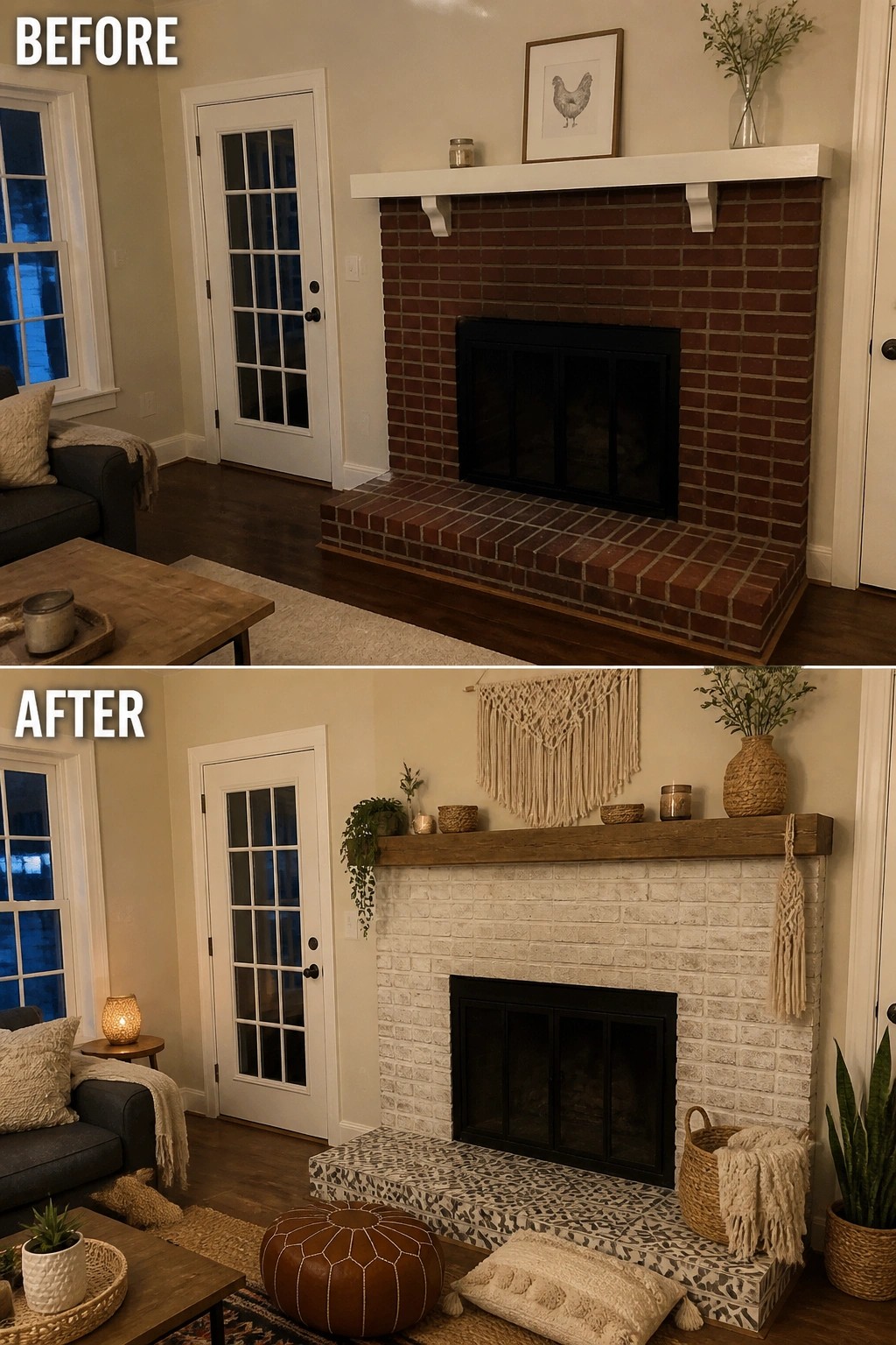 Before and after brick fireplace makeover with white paint and boho decor