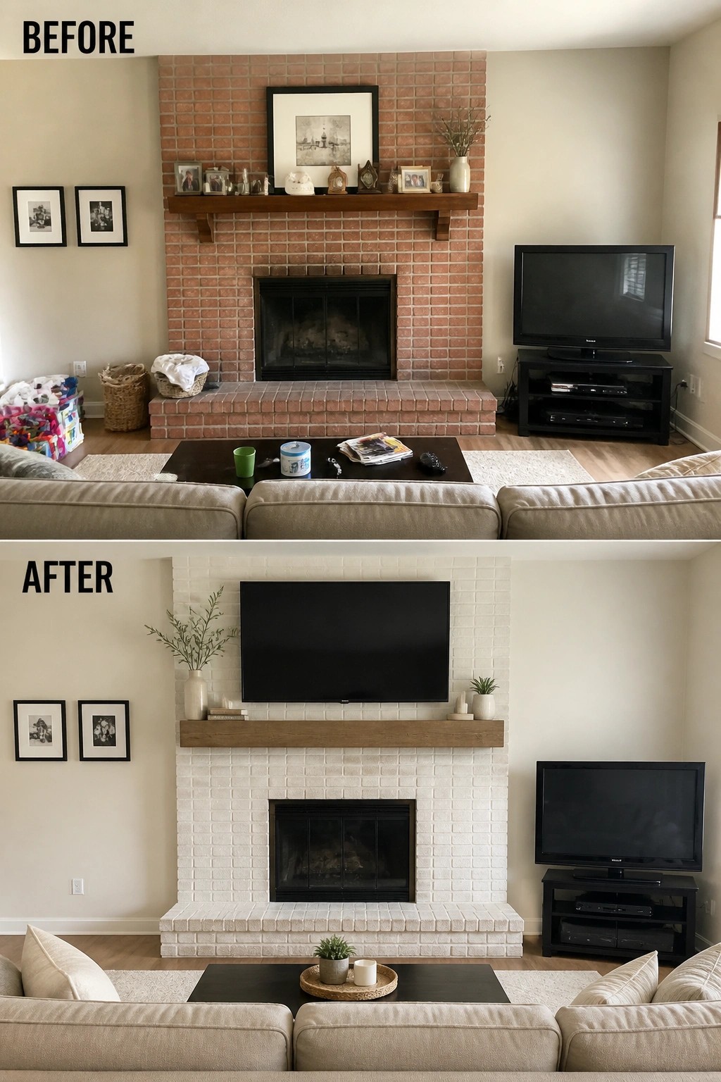 Before-and-after image of a red brick fireplace updated with white limewash, a mounted TV above the mantel, and a simplified mantel styling.