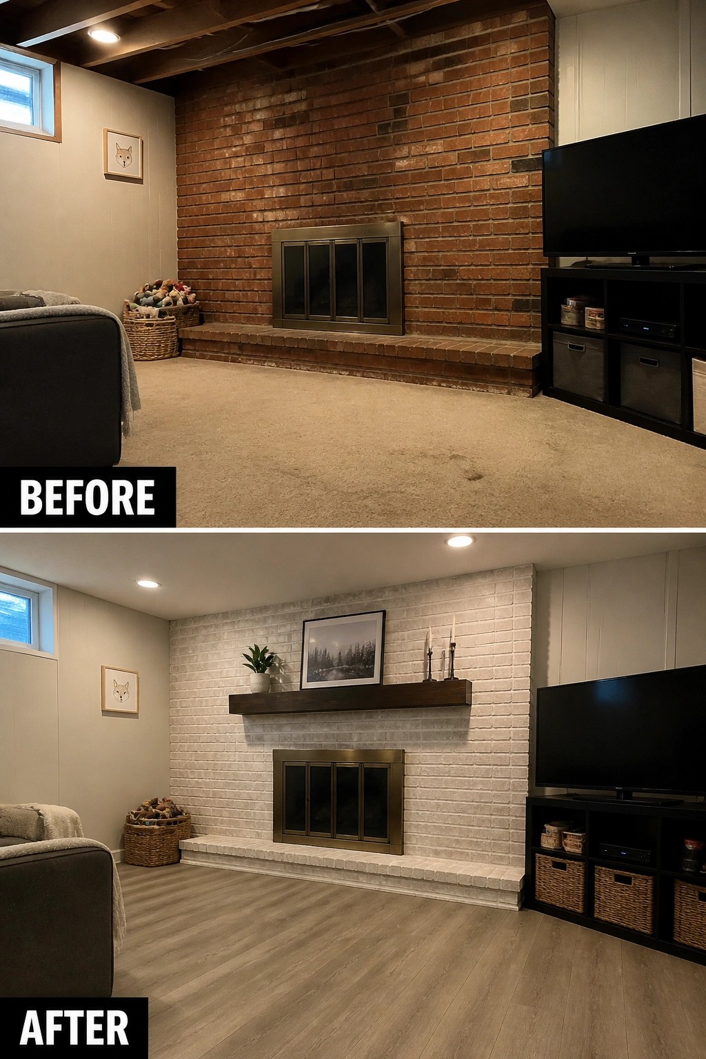Before and after of red brick fireplace updated to white with wood mantel and flooring