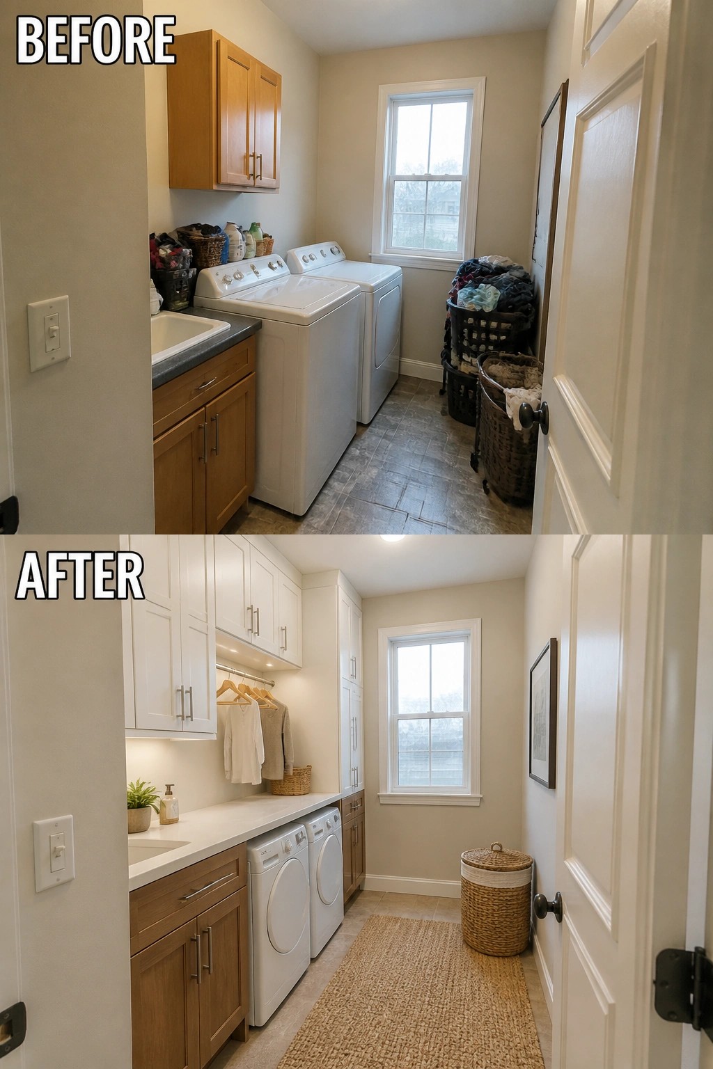 Before-and-after image of a laundry room updated with full-height white cabinets, new counter space, and a cleaner overall layout.