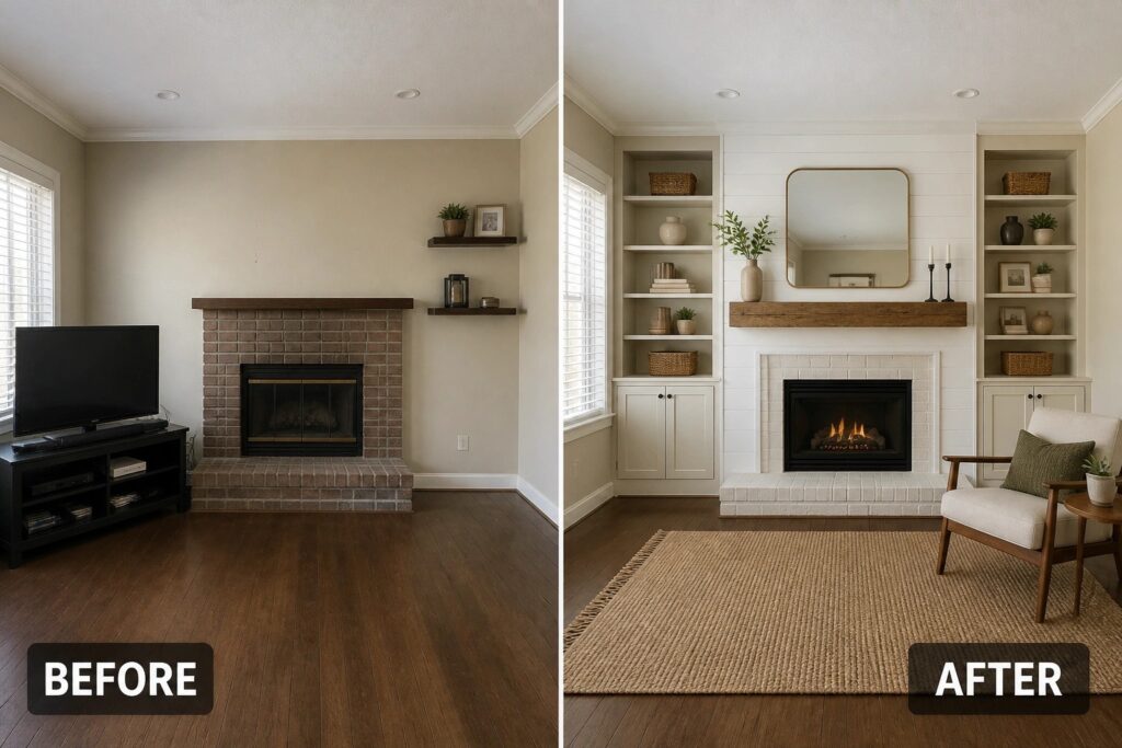 Before and after of brick fireplace with new white built-in bookshelves and mantel.