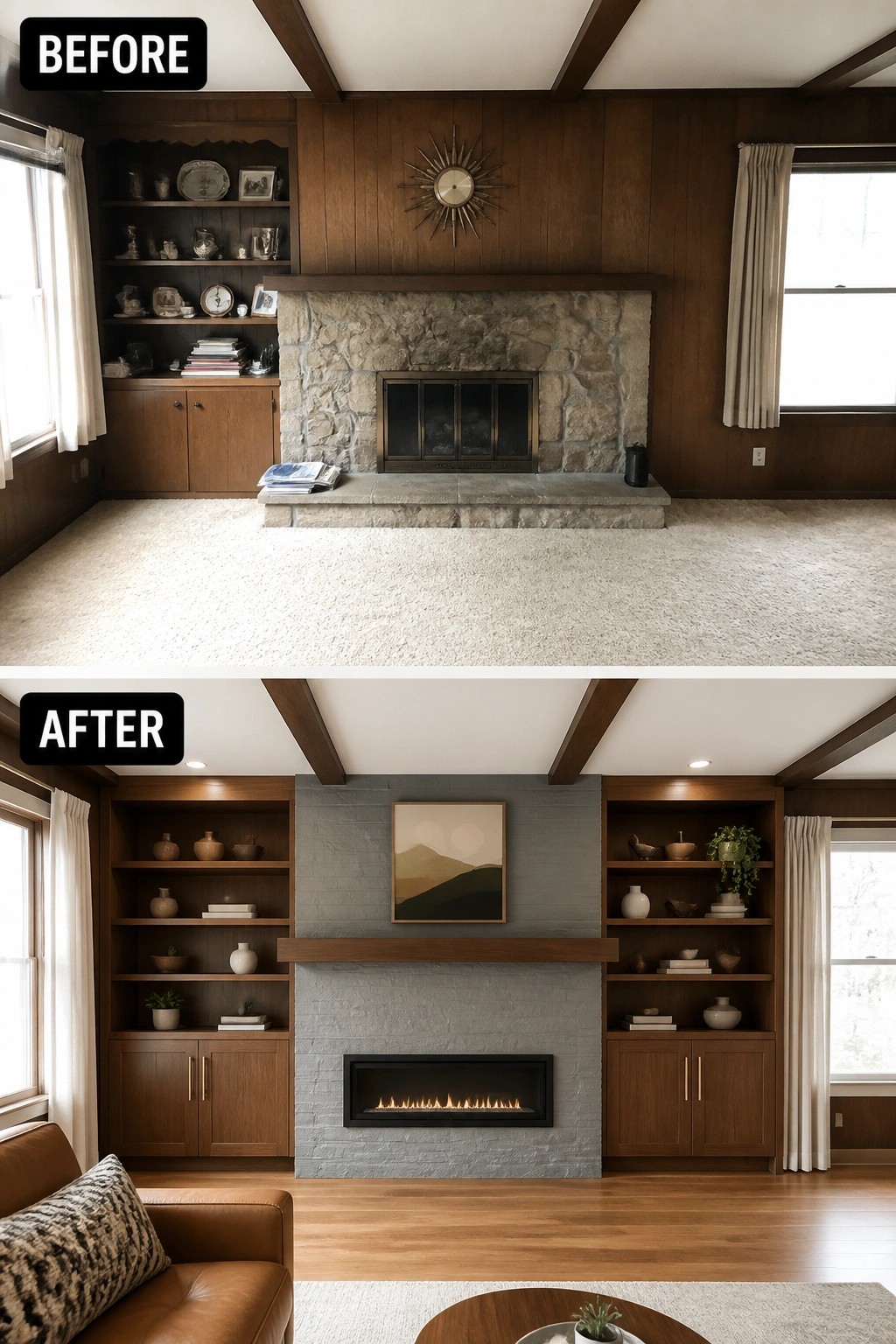 Before and after living room fireplace renovation with updated shelves and decor.