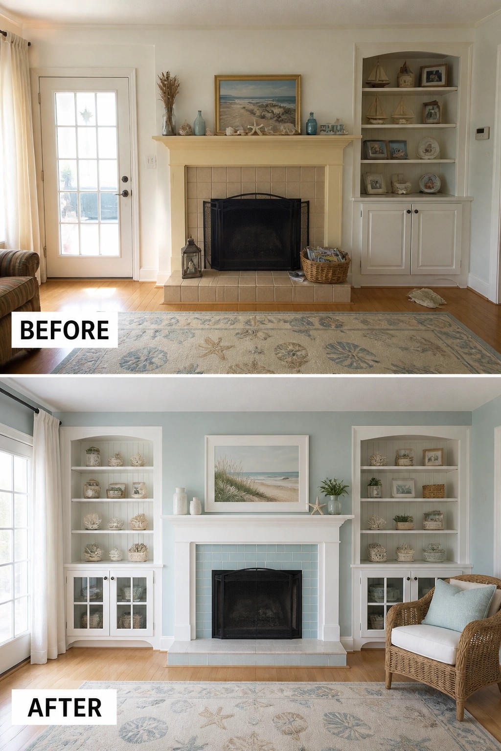 Before and after of coastal fireplace with white built-ins, mantel and light blue walls.