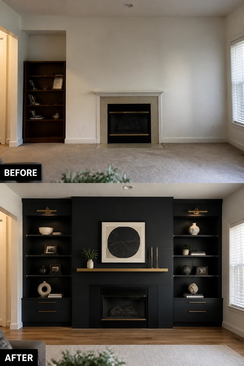Before and after of white fireplace transformed into black built-in shelving with modern decor.