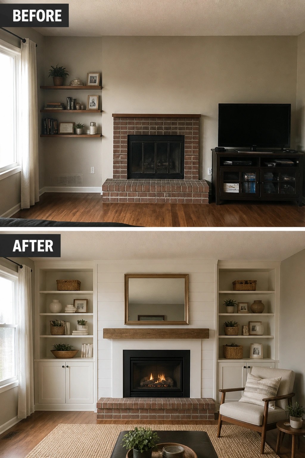 Before and after of brick fireplace with new white built-in bookshelves and mantel.