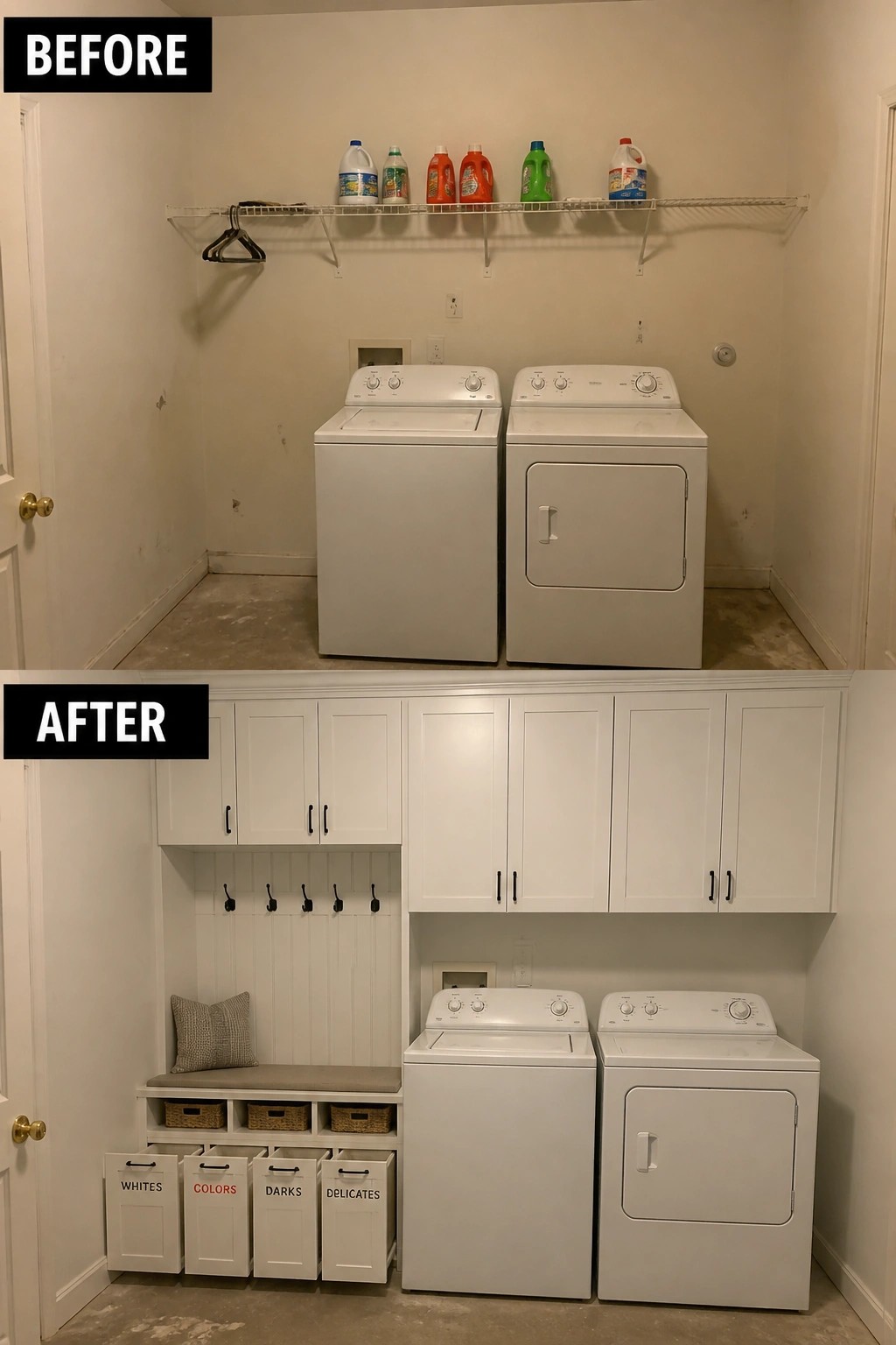 Before and after laundry room with white cabinets, bench, and labeled sorting bins