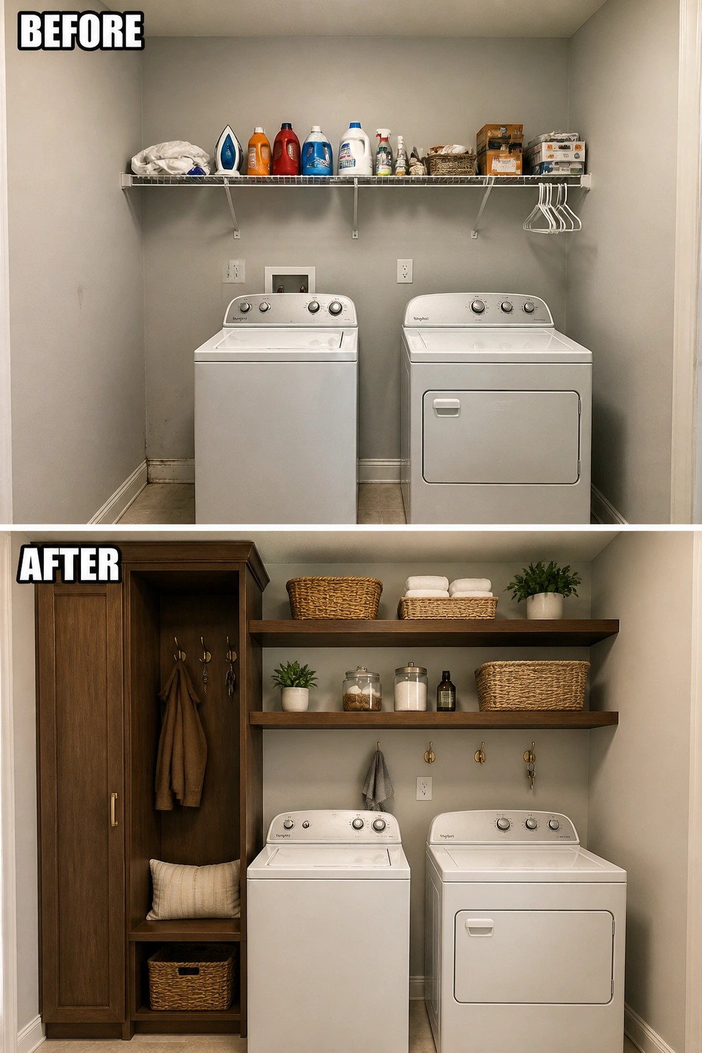 Before and after organized laundry room with wooden shelves, cabinet, and white appliances