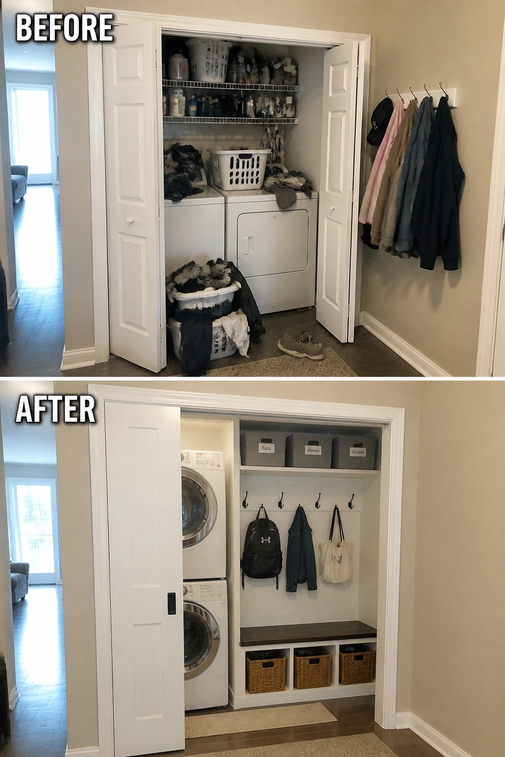 Before and after of messy laundry closet reorganized with shelves, hooks, bench and baskets.