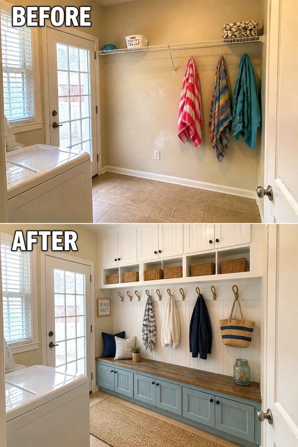 Before and after of laundry room with blue bench, white cabinets, and hooks.