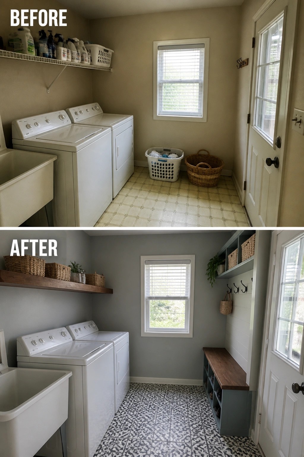 Before and after laundry room with new gray walls, patterned floor, and storage bench.