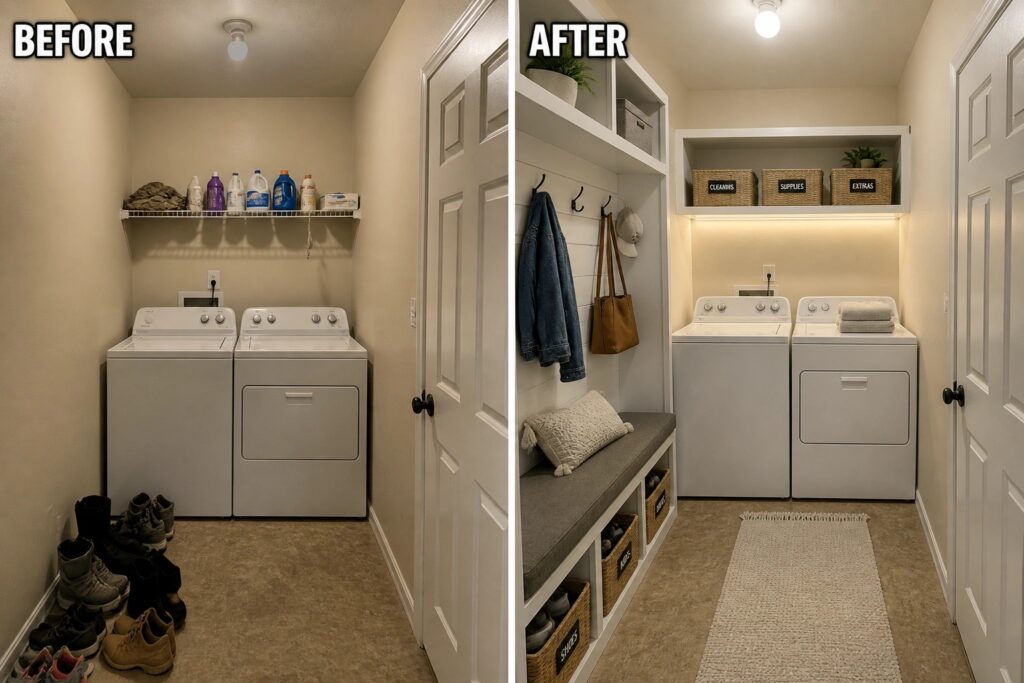 24 Creative Laundry Room Before and After Ideas Built Around Mudroom Storage Before and after of cluttered laundry closet transformed into organized space with bench and bins