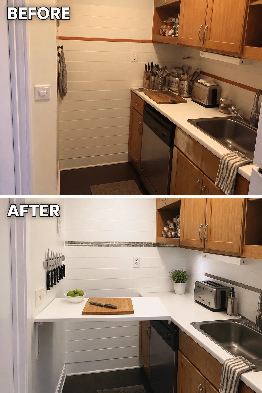 Before and after of compact kitchen with new fold-down white counter and knife rack.