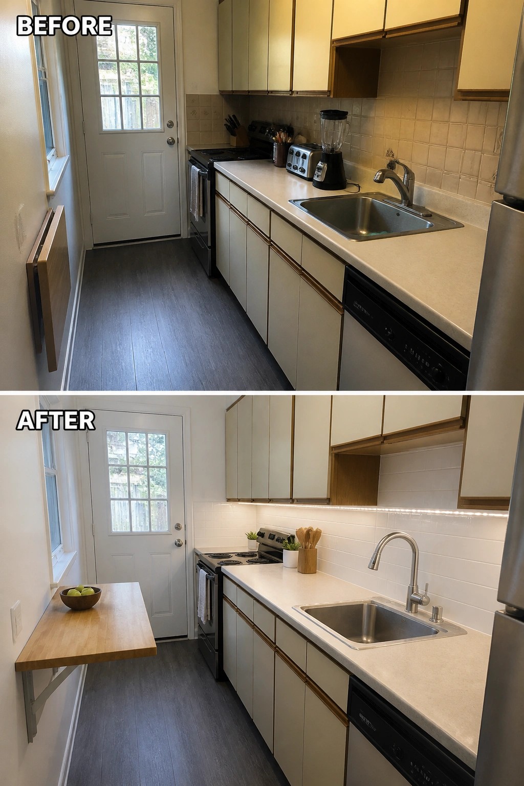 Before and after narrow kitchen remodel with white cabinets, new sink, and fold-down table.
