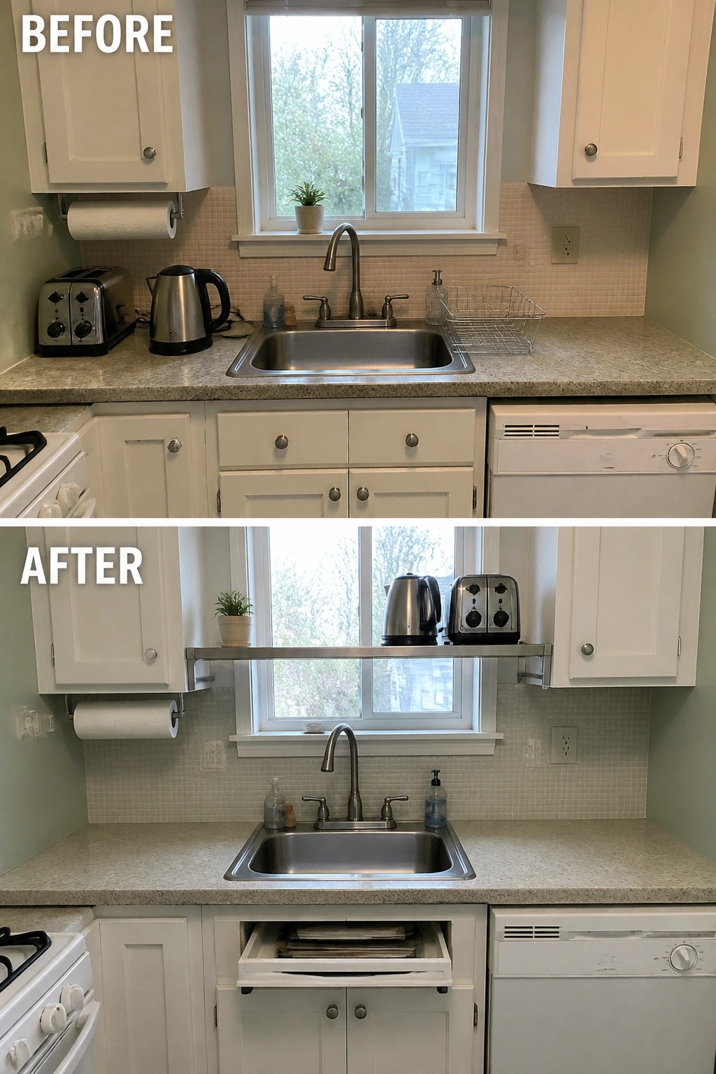 Before-and-after image of a kitchen sink area showing small appliances moved from the counter to a new shelf above the window.