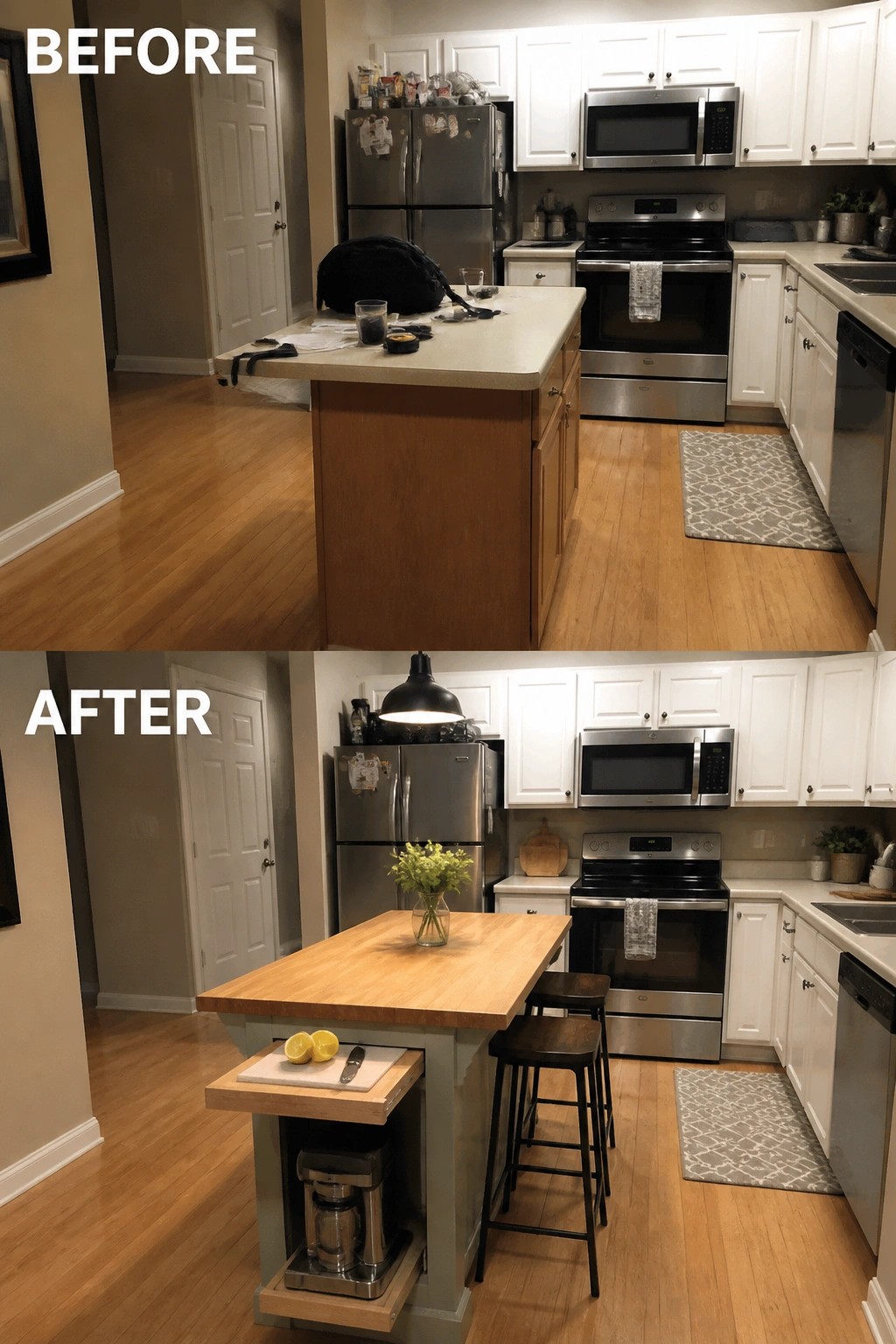 Before and after kitchen remodel with new wooden island, stools, and coffee station.