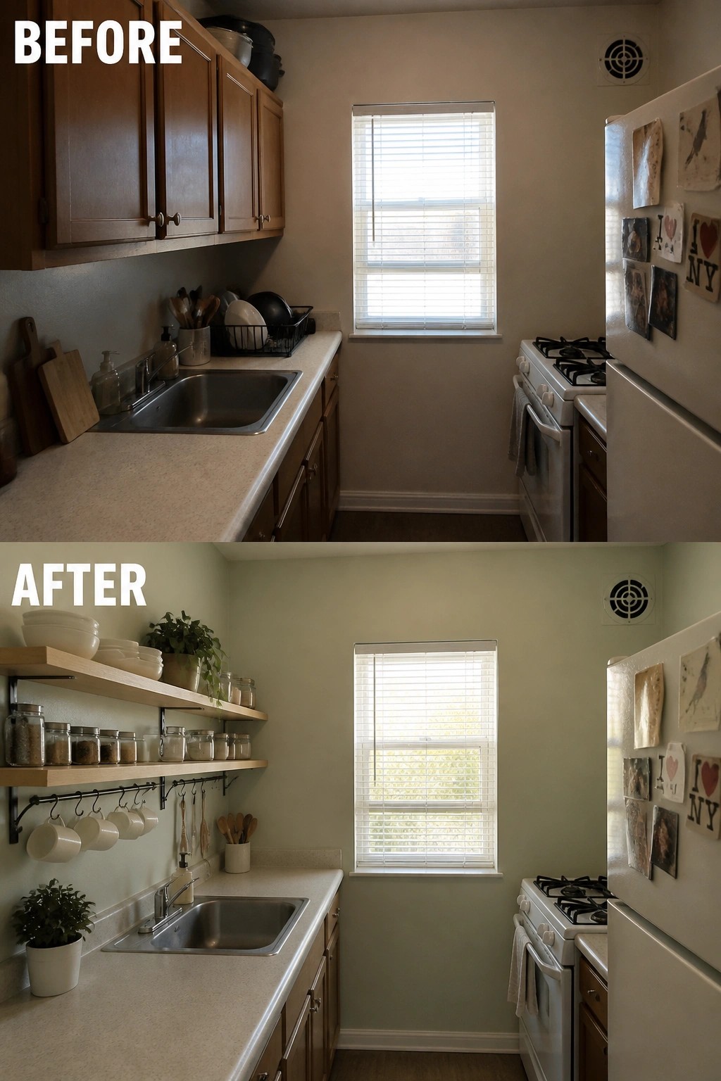 Before and after kitchen remodel with open shelves and light green walls.