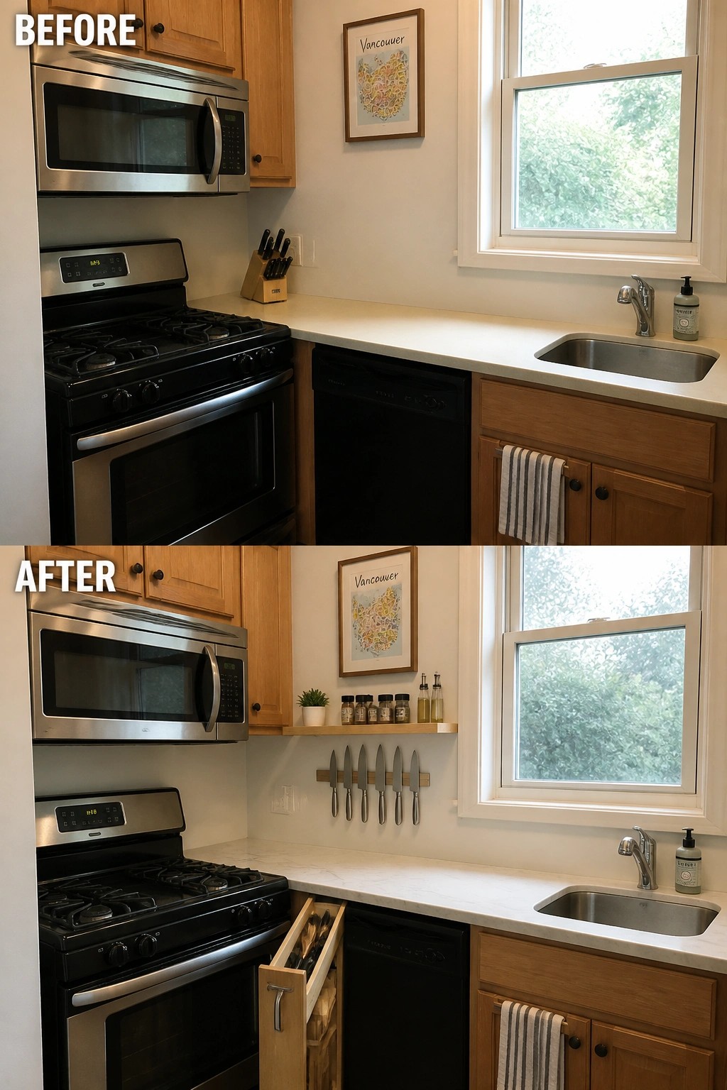 Before and after kitchen remodel with added floating shelf and pull-out drawer