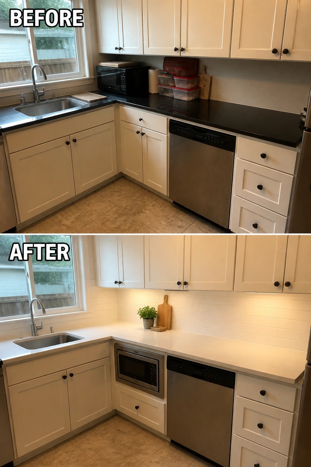 Before-after kitchen remodel: black countertops to white, microwave built-in, added subway tile backsplash.