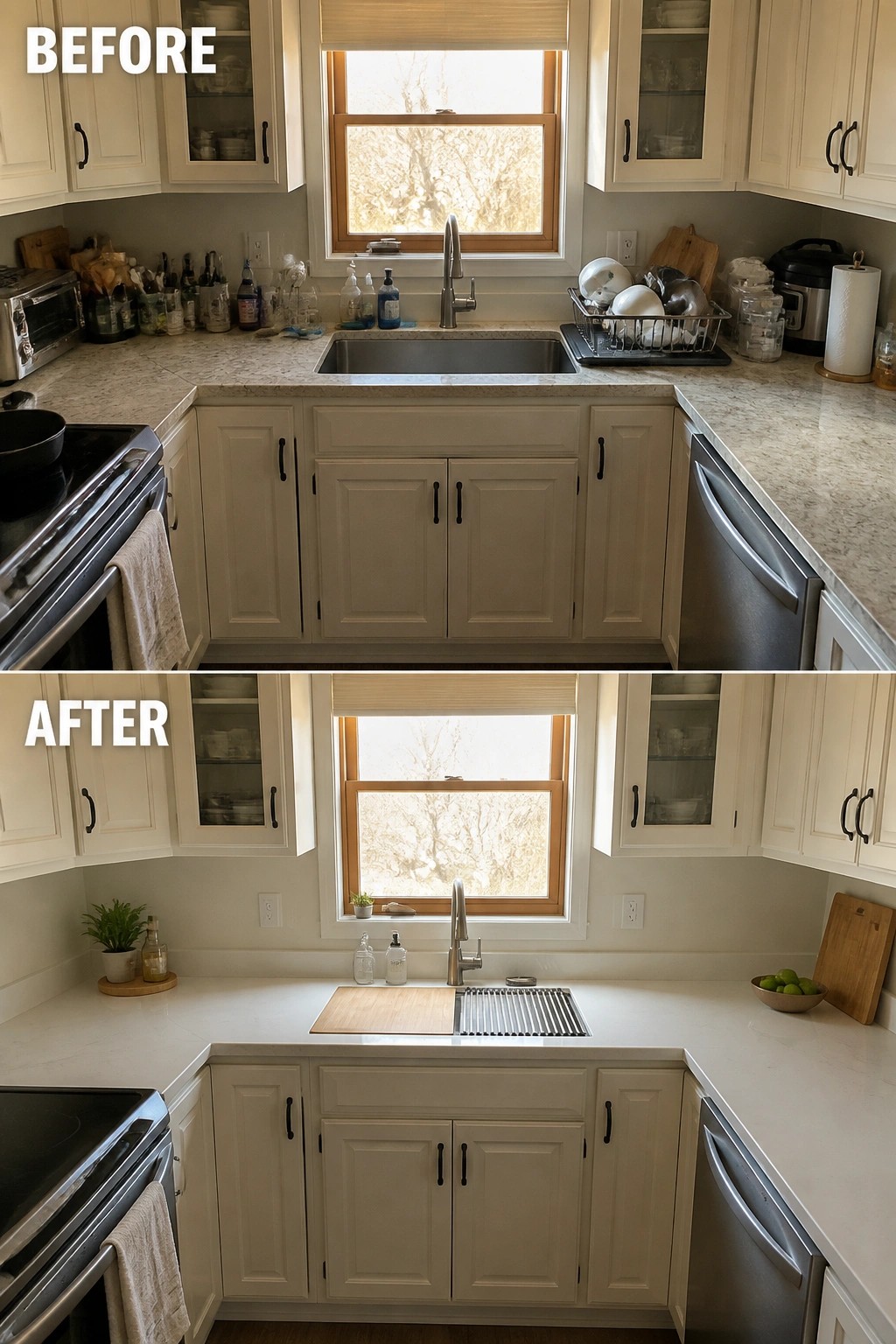 Before and after of a white kitchen showing cluttered versus decluttered marble countertops and sink area