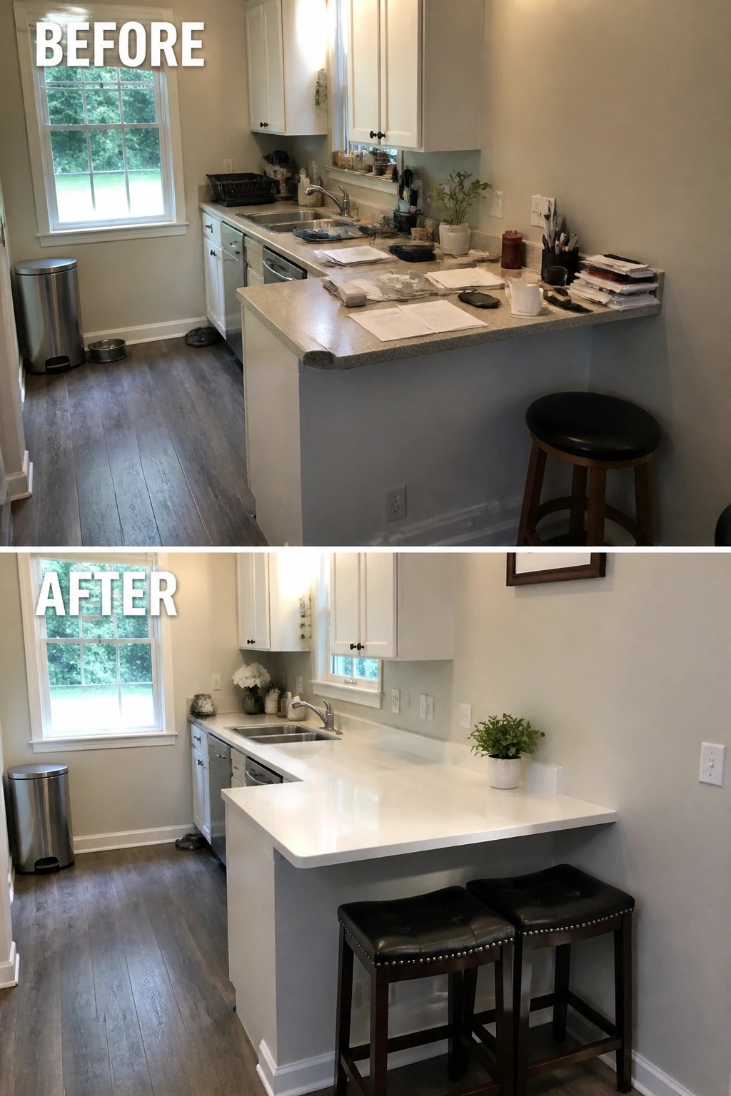 Kitchen before and after remodel with white counters, cabinets, and black stools