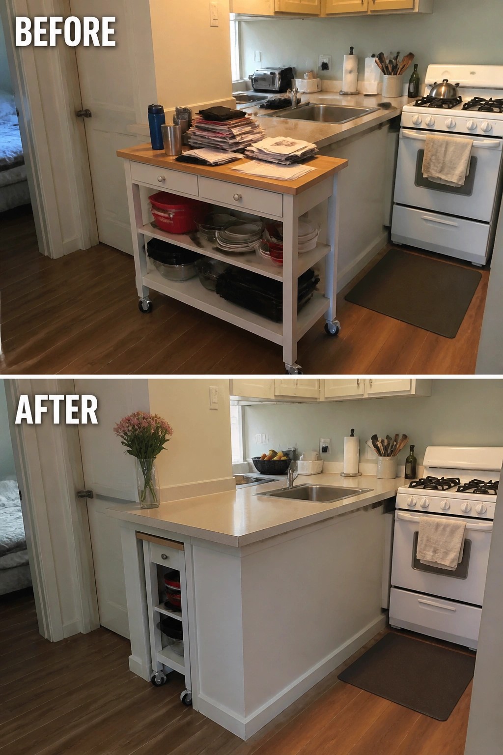 Before-and-after image of a small kitchen showing a cluttered rolling cart turned into an extended island countertop.