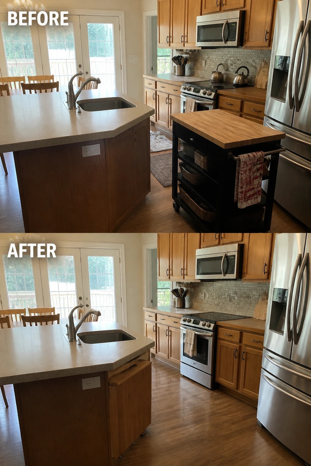 Before-and-after image of a kitchen where a rolling cart island was replaced by a built-in cabinet extension on the main island.