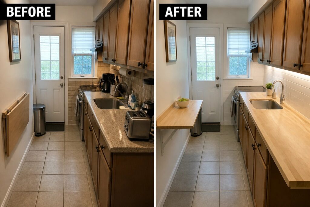 25 Creative Small Kitchen Remodel Ideas Designed to Add More Counter Space Before and after narrow kitchen remodel with white cabinets, new sink, and fold-down table.