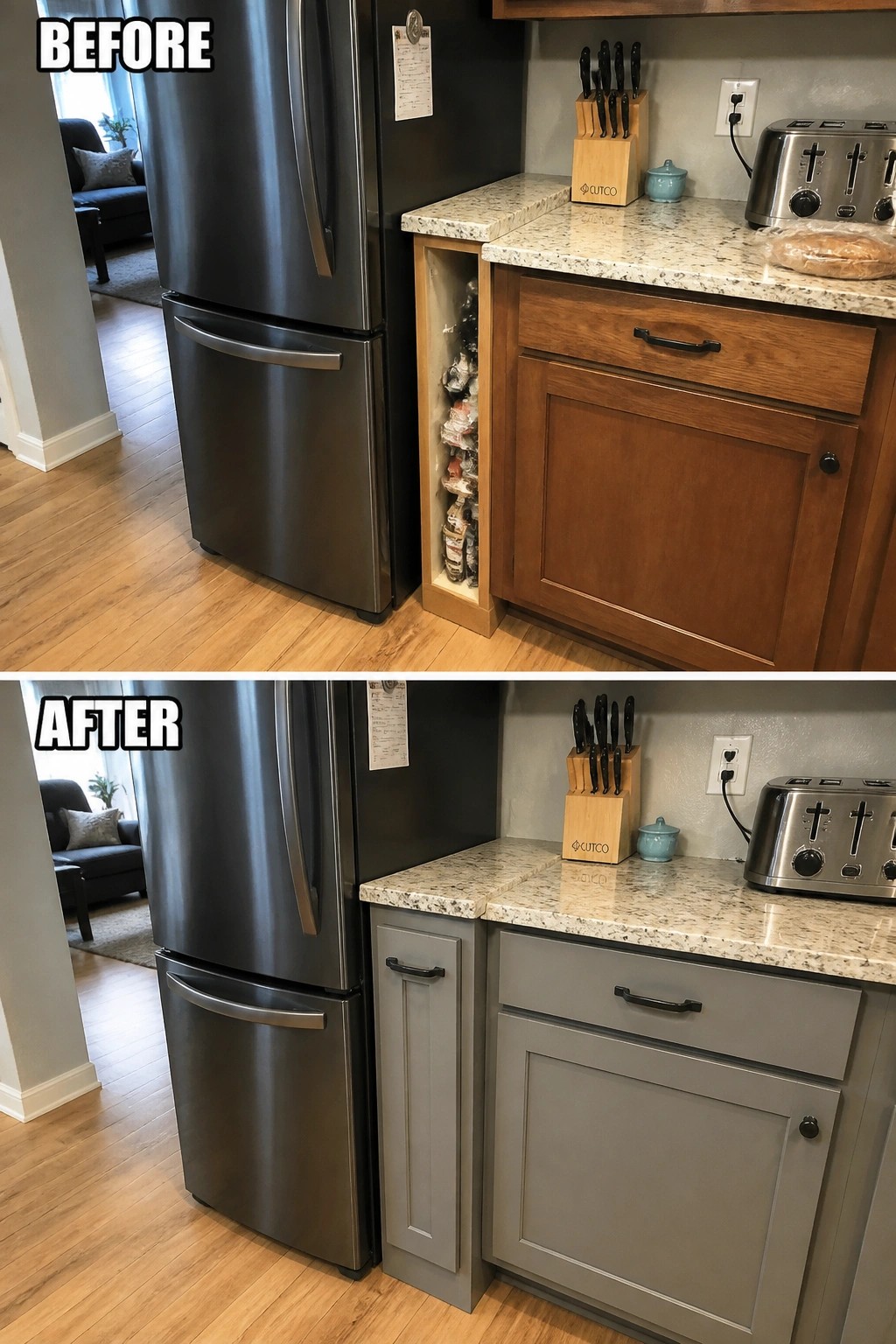 Before and after kitchen update with new gray cabinet beside stainless fridge.