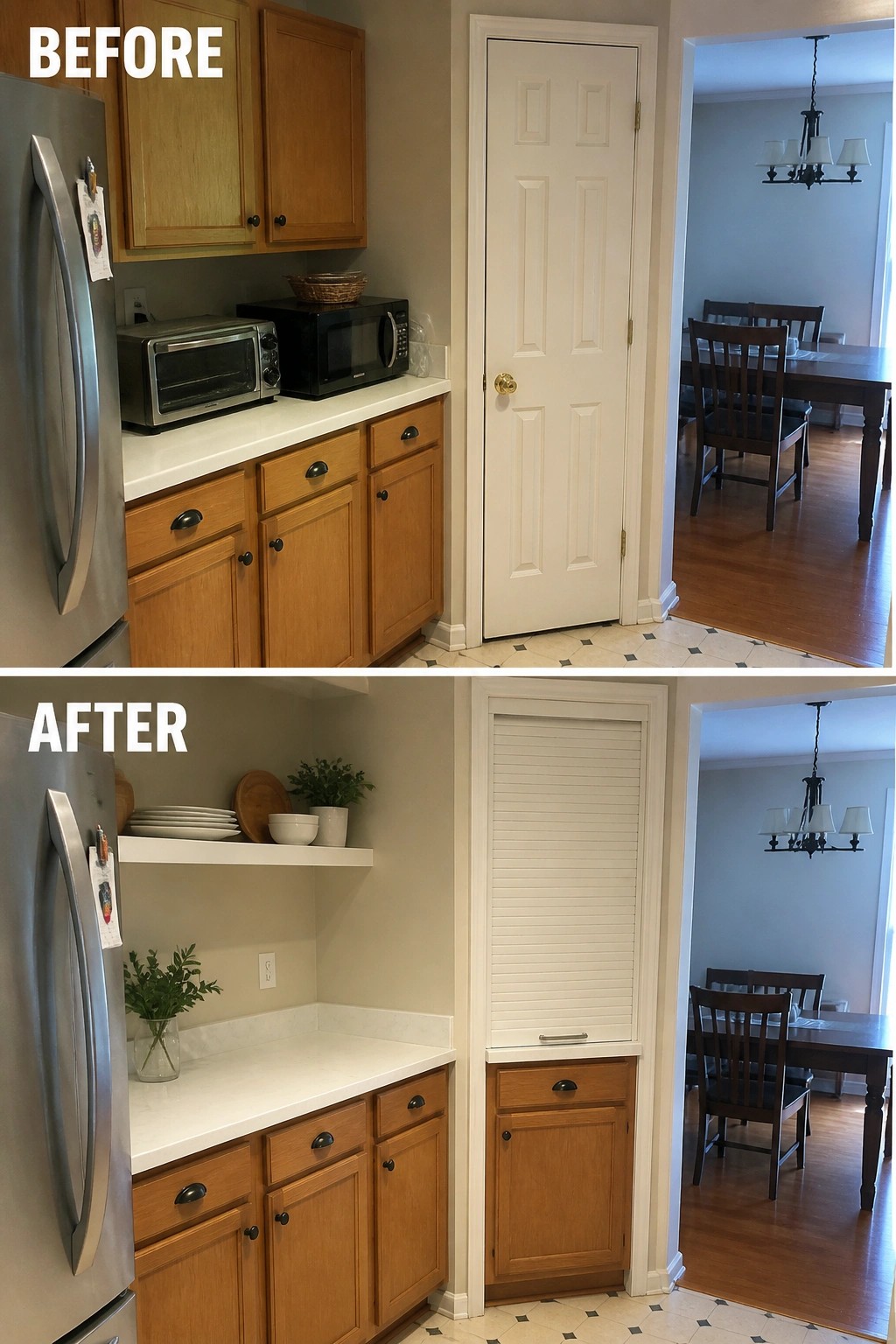 Before and after kitchen remodel with open shelves and louvered door.