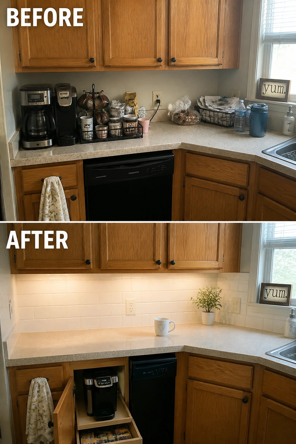 Before and after kitchen counter: cluttered appliances vs. organized hidden coffee station
