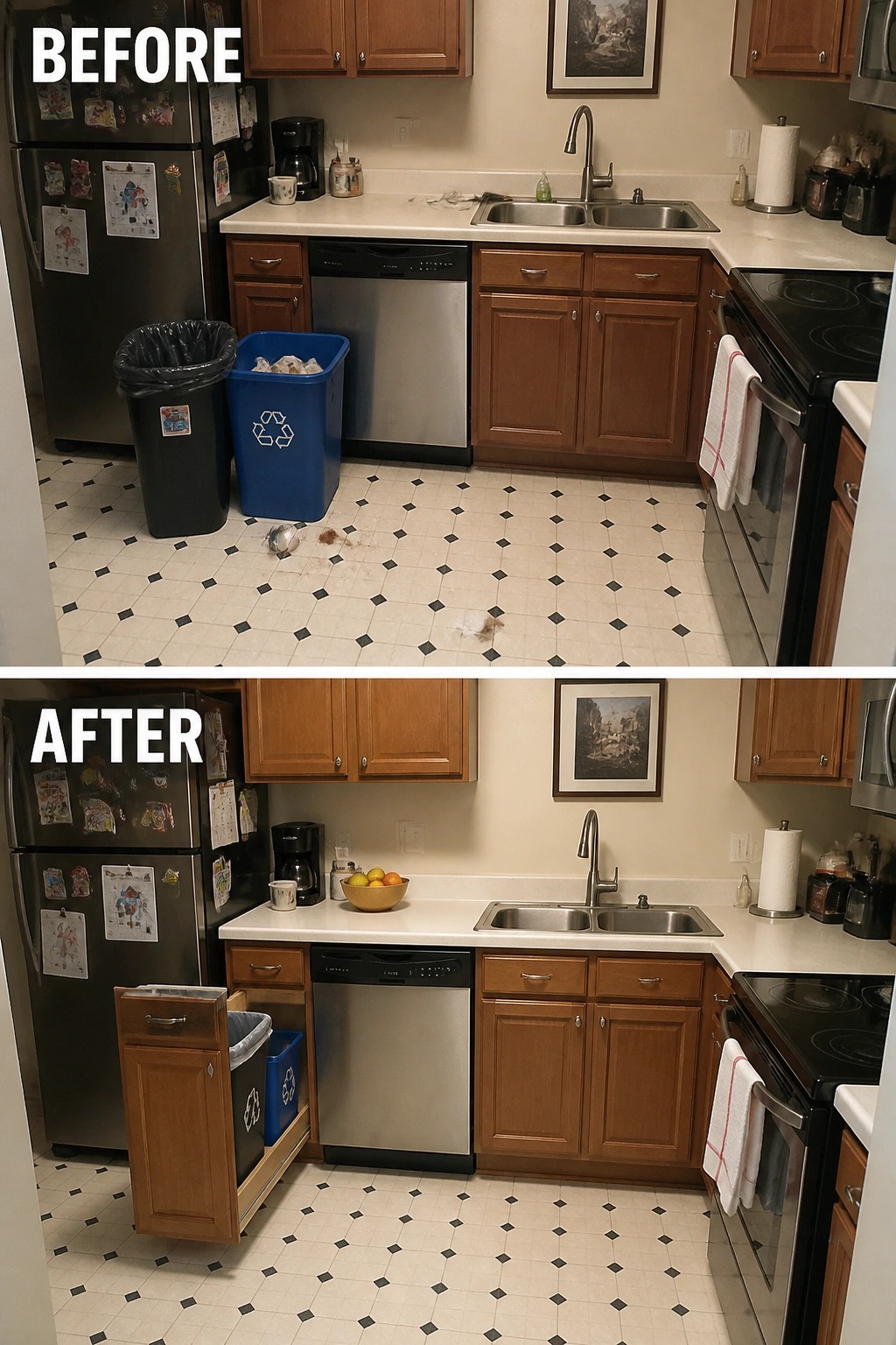 Before-and-after image of a kitchen showing freestanding trash and recycling bins replaced by a built-in pull-out cabinet.