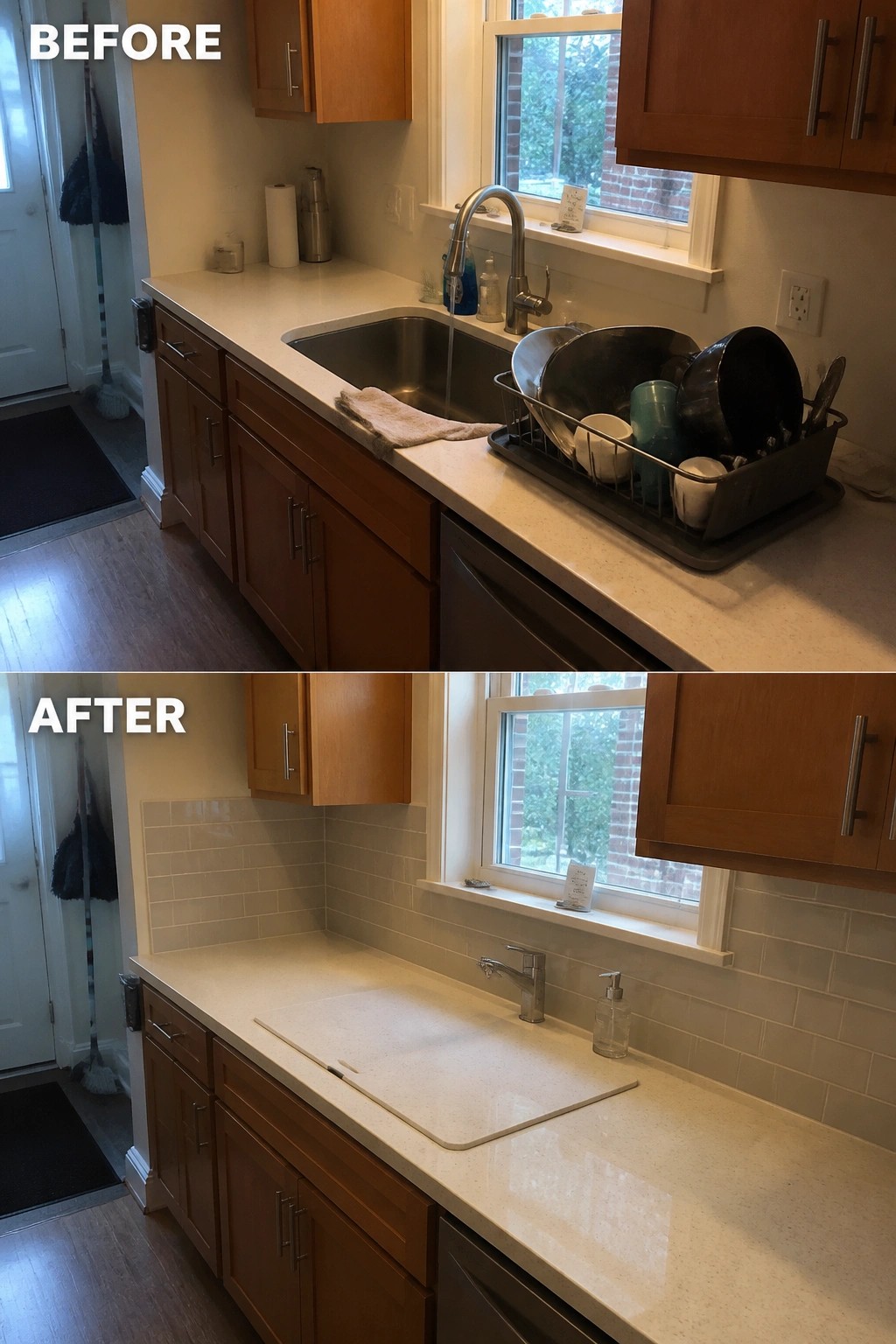 Before-and-after image of a kitchen sink area updated from a drop-in sink with a dish rack to an integrated undermount sink with a continuous countertop surface.