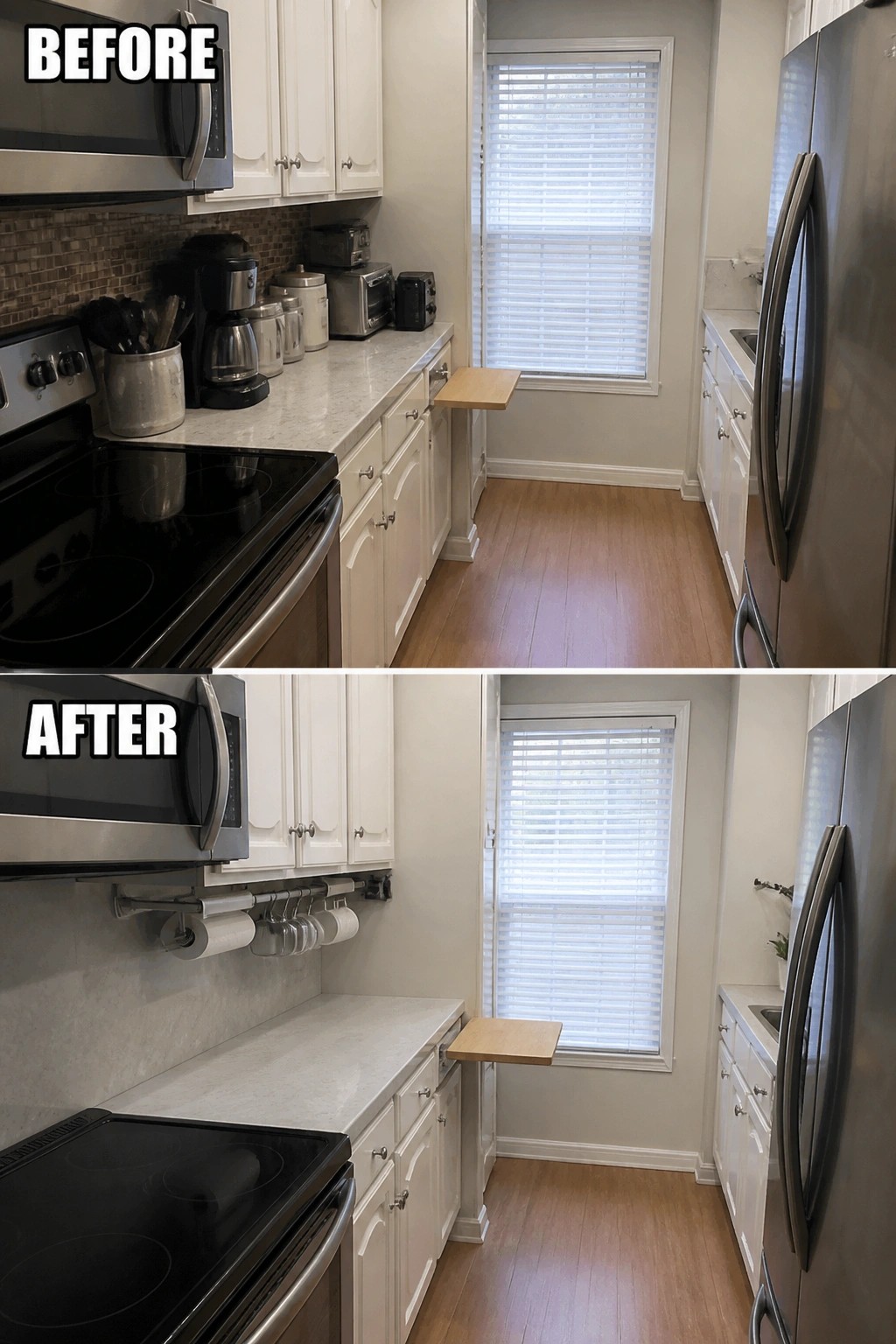 Before-and-after image of a small kitchen showing a cluttered countertop changed into a clear workspace with a wall-mounted rail holding paper towels and mugs.