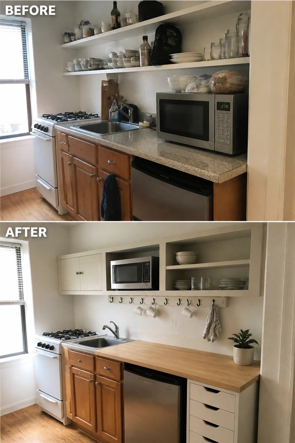 Before and after kitchen remodel with brown cabinets, white shelves, and updated countertops