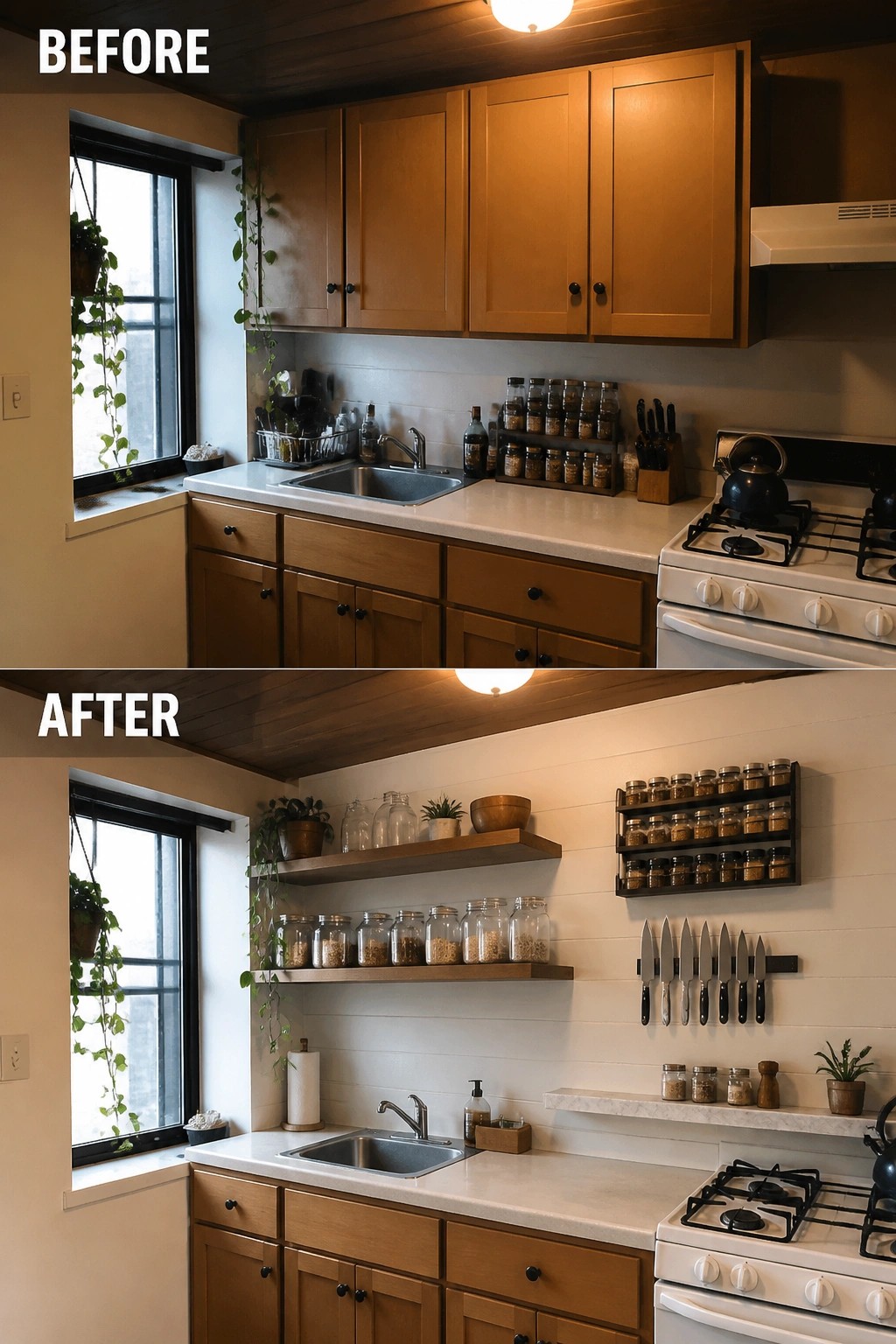 Before and after kitchen with wooden cabinets, open shelves, and organized spices