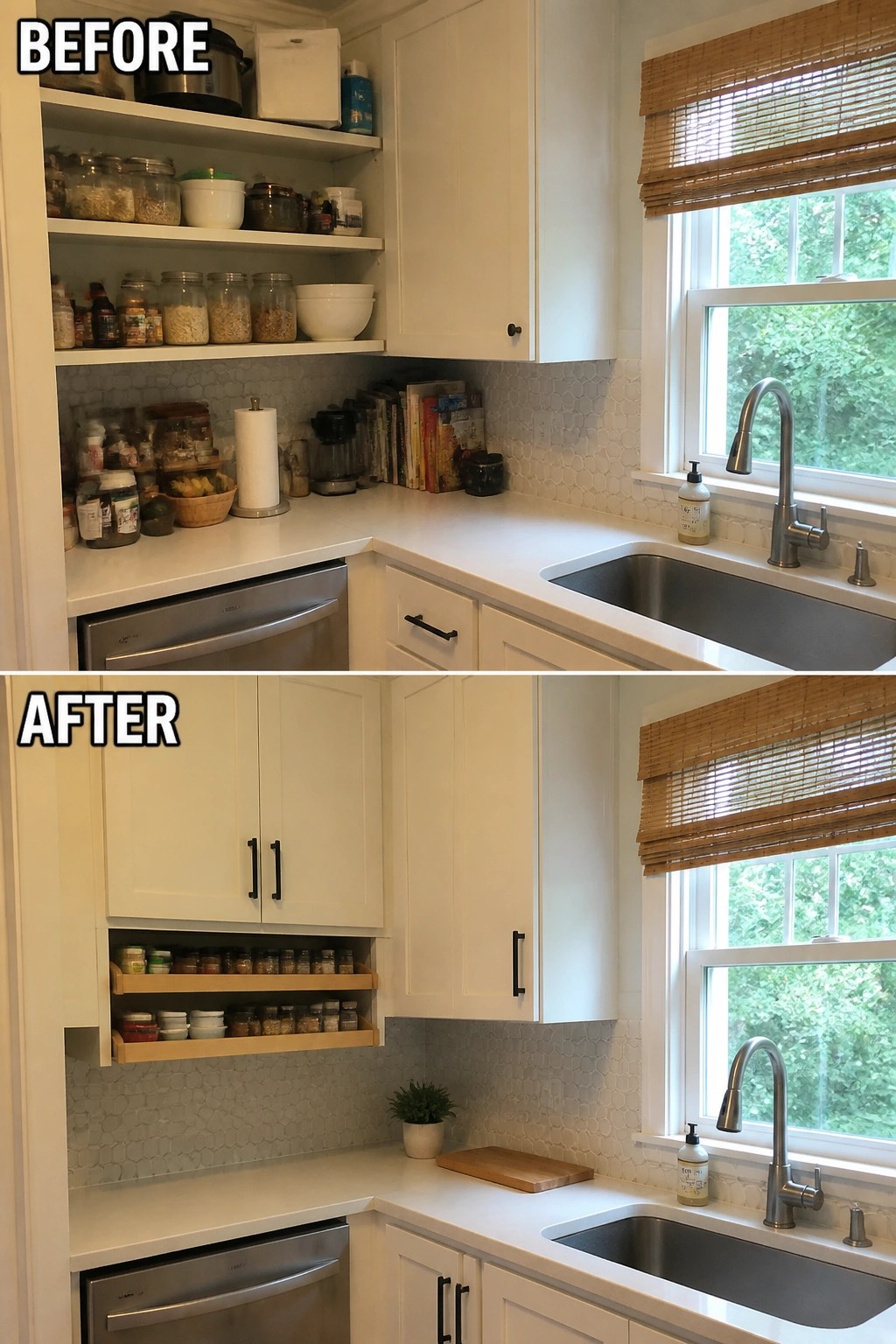 Before and after kitchen with cluttered shelves transformed into organized pull-out spice racks.