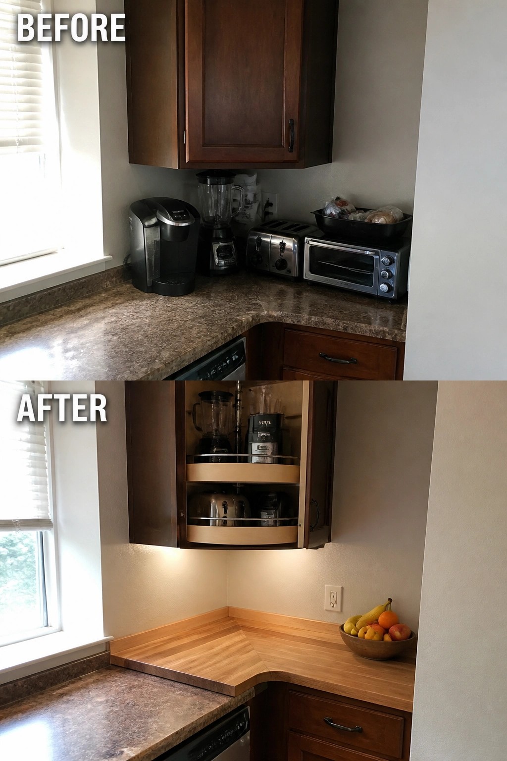 Before-and-after image of a kitchen corner with small appliances moved from the countertop into an open upper cabinet fitted with pull-out shelves.