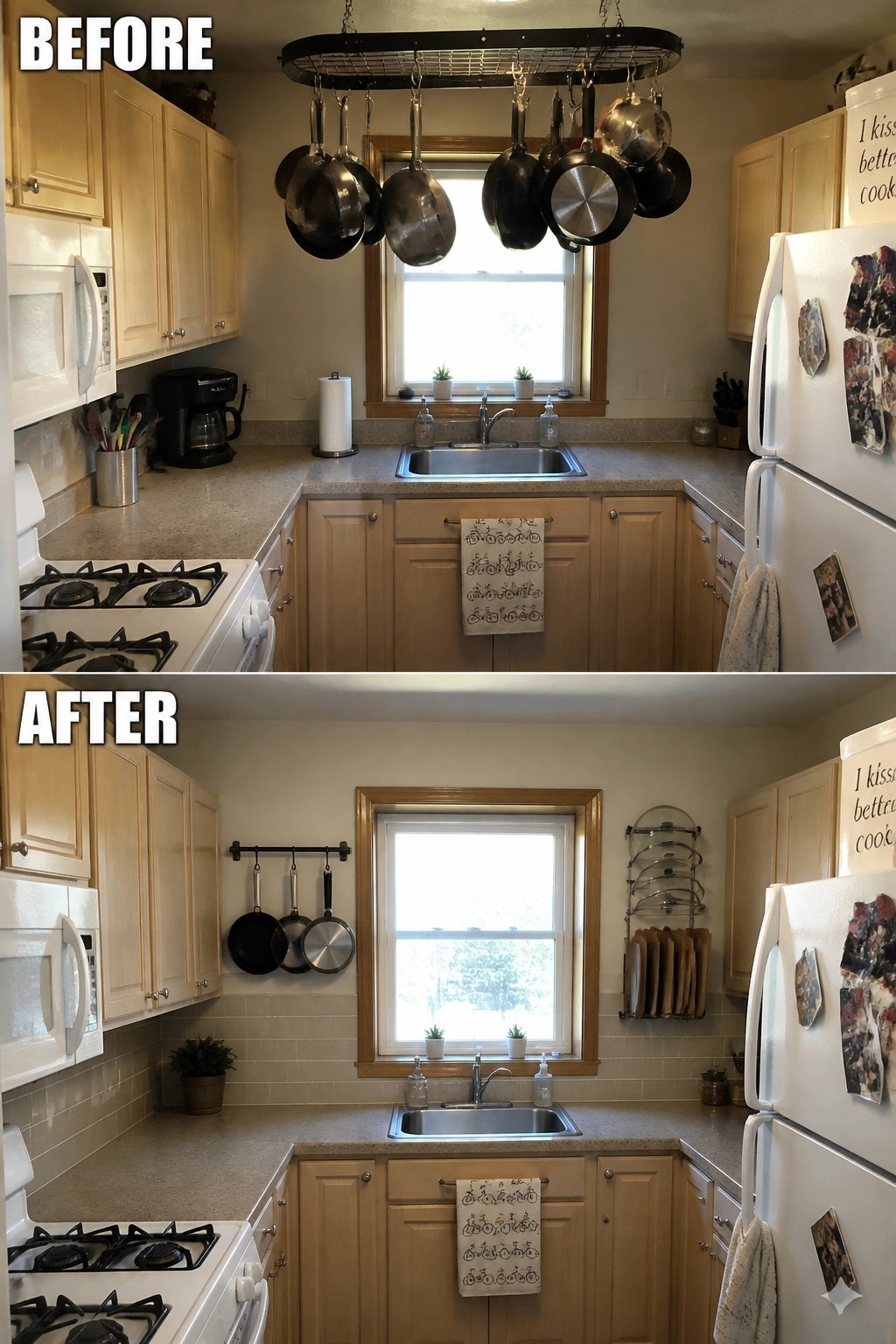 Before and after kitchen with pots relocated from ceiling rack to wall hooks.