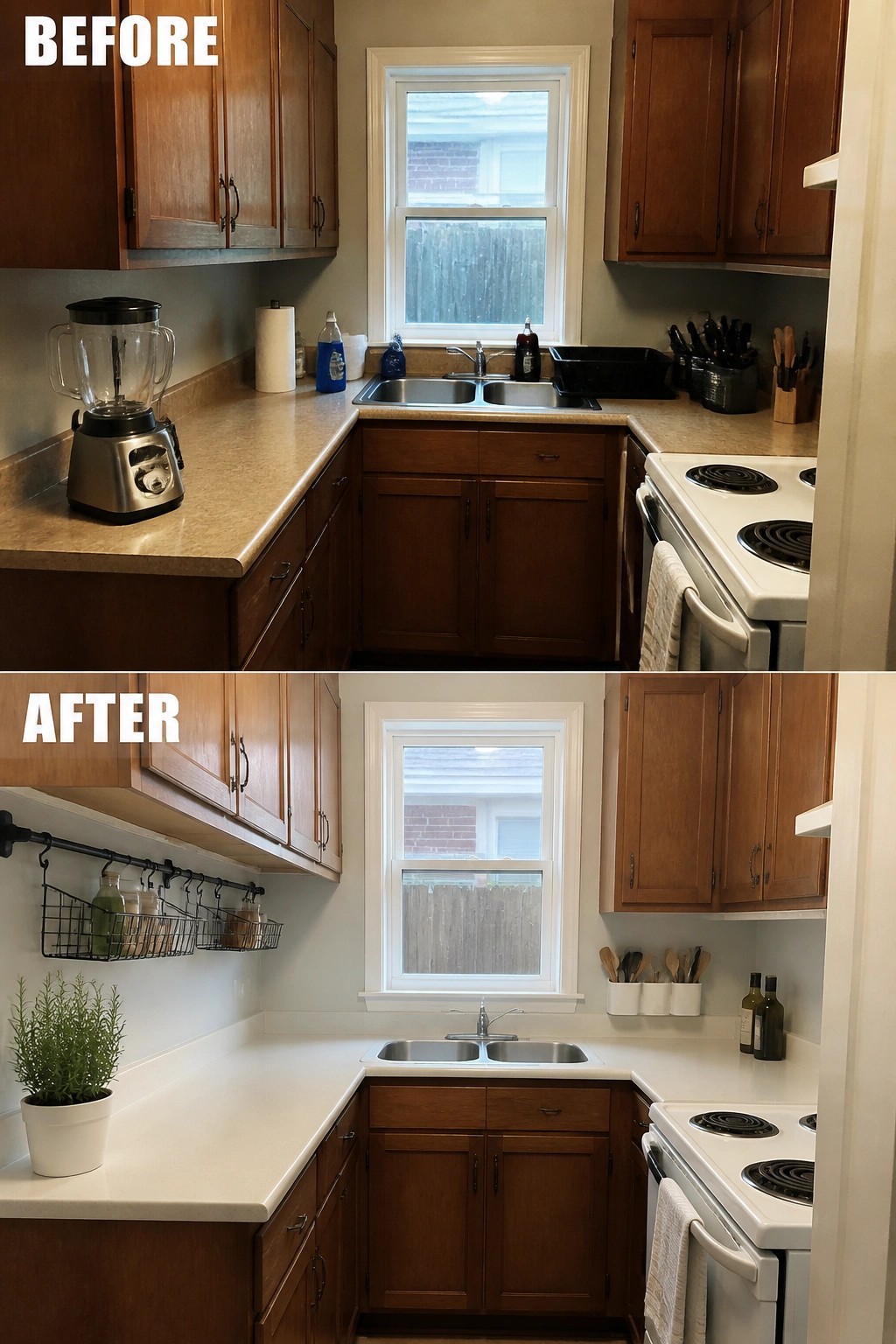 Before and after kitchen remodel showing brown cabinets, white counters, and updated decor.
