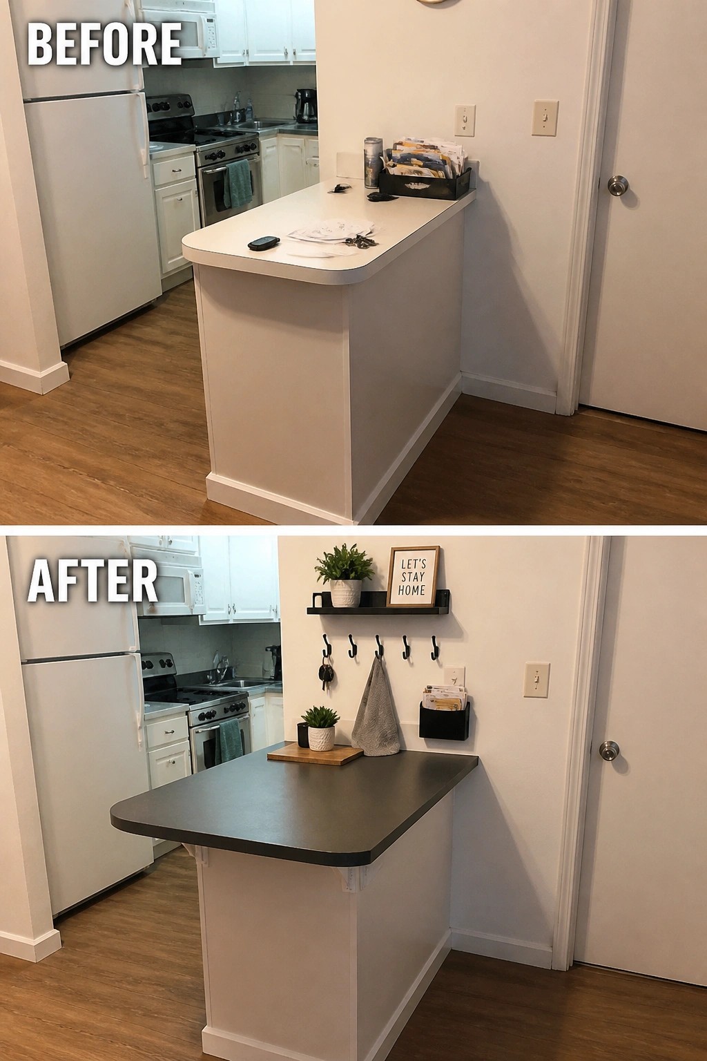 Before and after kitchen island with white-to-dark countertop and added wall hooks and decor.