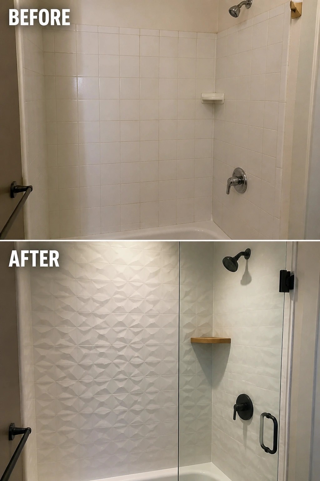Before and after of renovated shower with geometric textured tiles replacing plain white ones.
