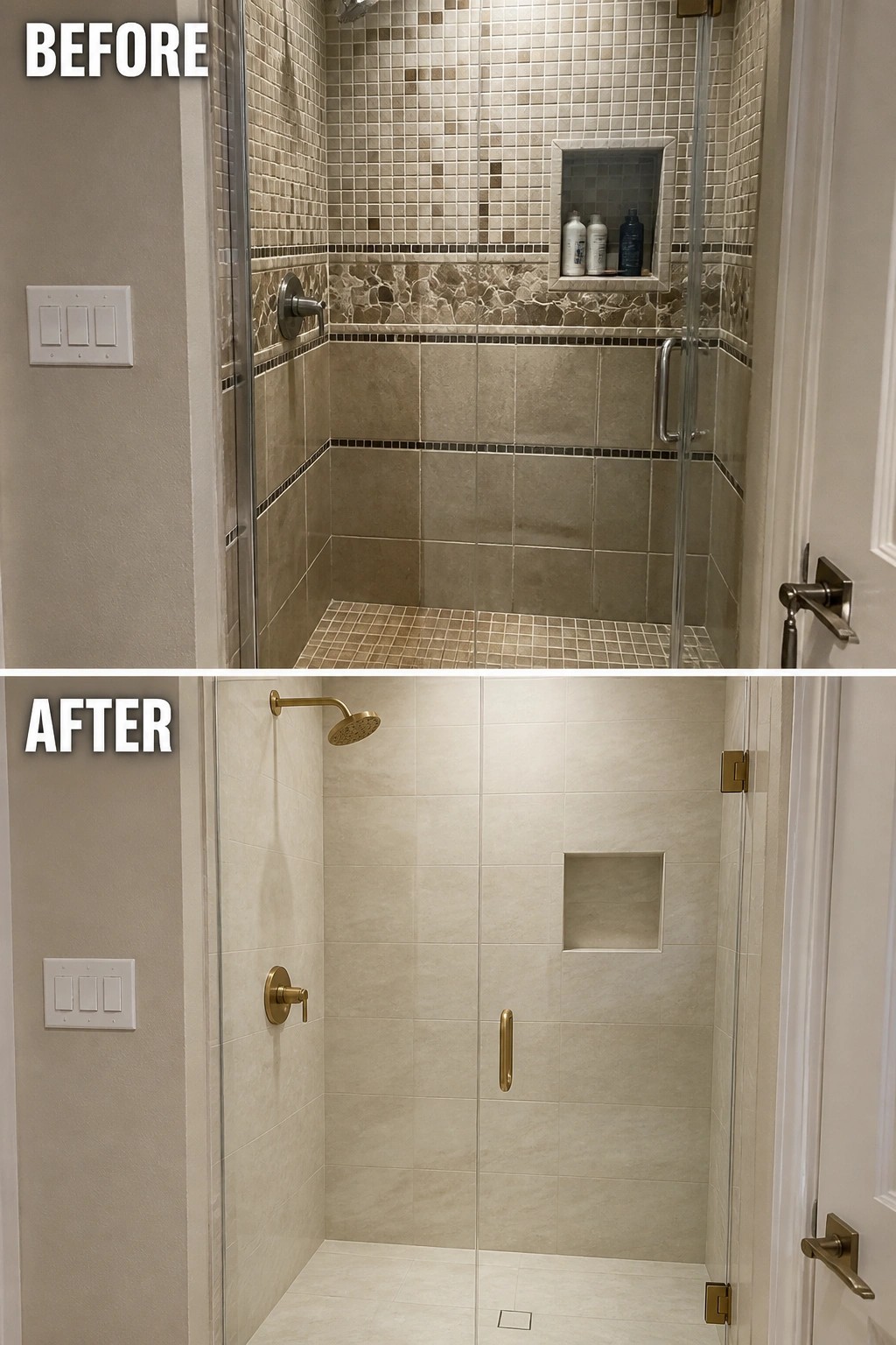 Before-and-after image of a shower upgraded from mosaic and mixed tile to large format beige tile with new gold fixtures.