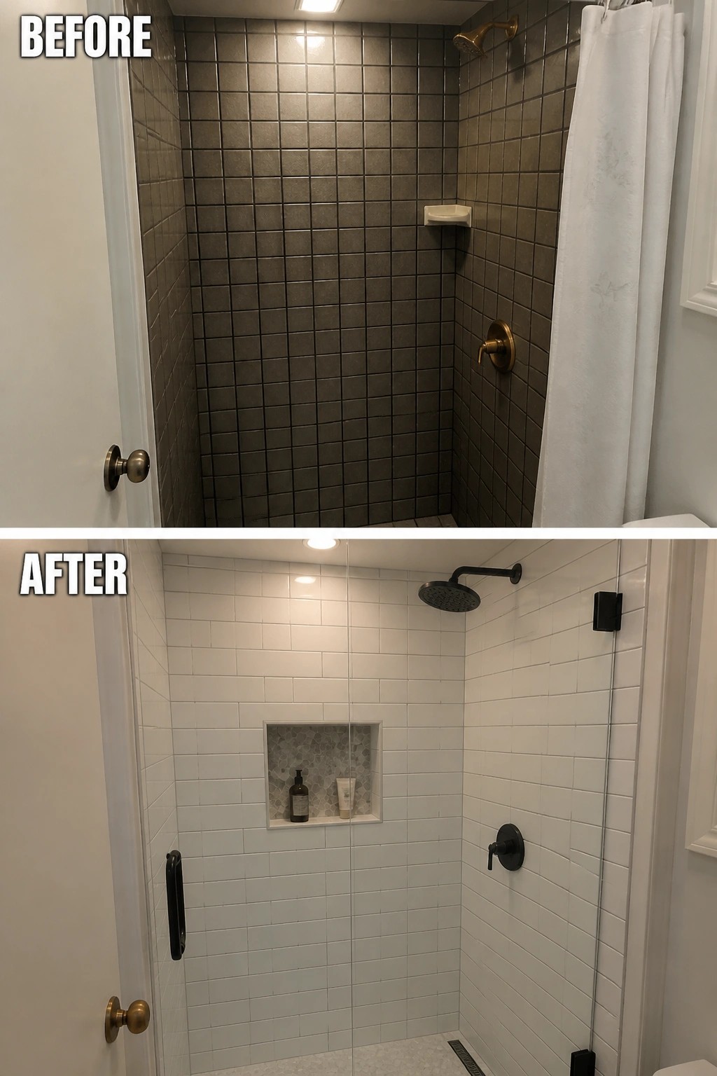 Before and after of dark gray tiled shower renovated to white subway tiles with black fixtures.