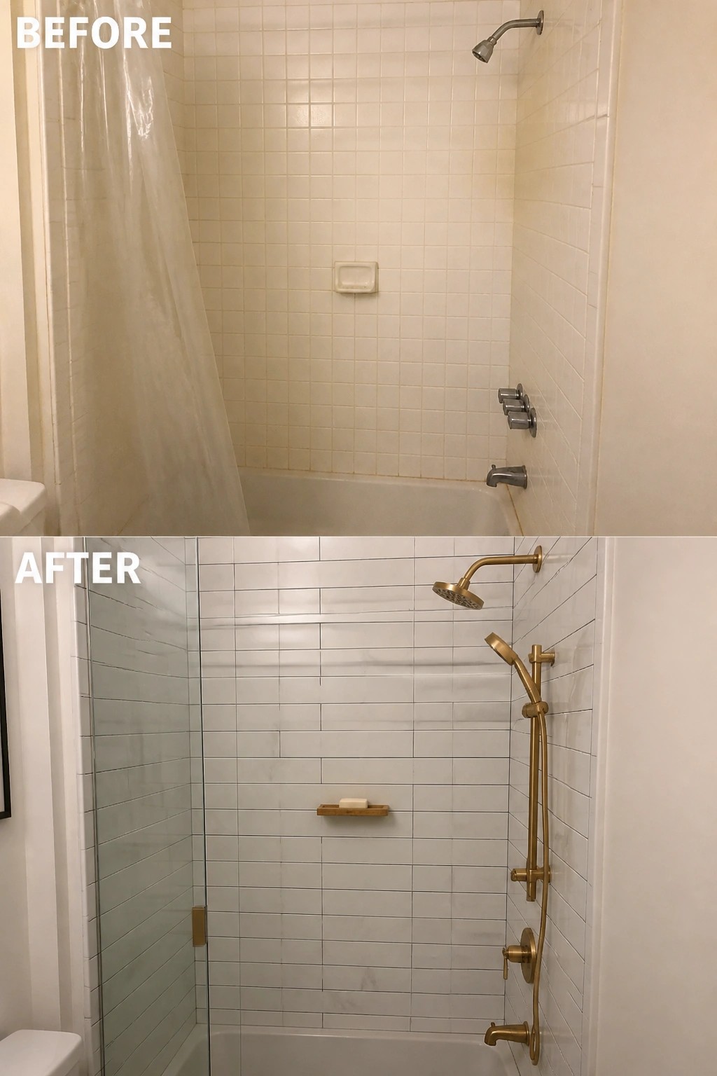 Before-and-after shower remodel with white tiles, glass door, and gold fixtures