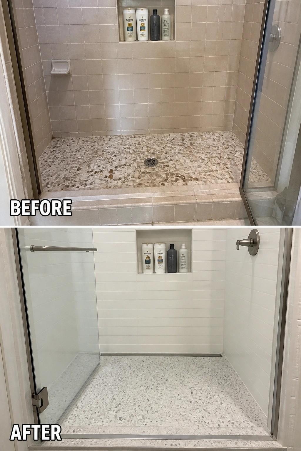 Before and after tiled shower remodel with beige walls to white and glass door