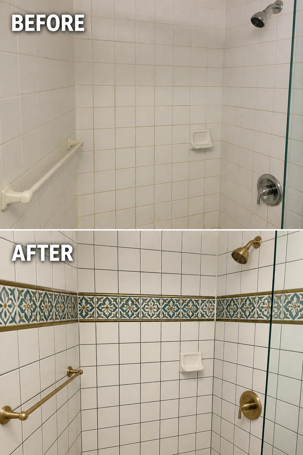 Before and after shower with white tiles, teal border, and gold fixtures